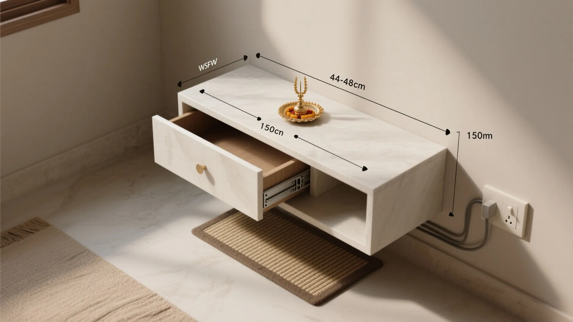 Floating wall-mounted chowki with hidden storage