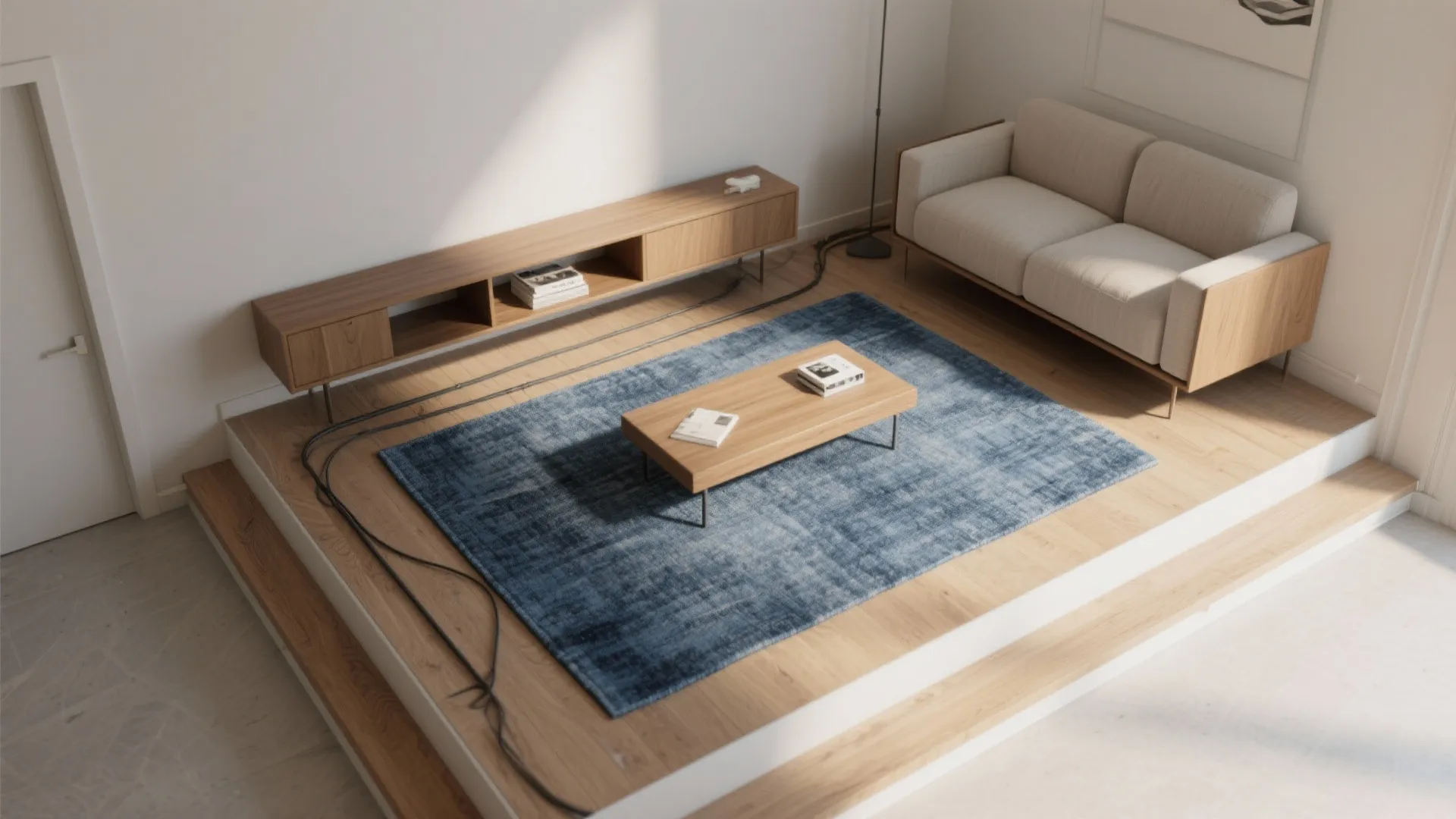 Top-down layout showing a sofa floated off the wall, a narrow console, and clear 30–36 inch pathways with a scaled rug.