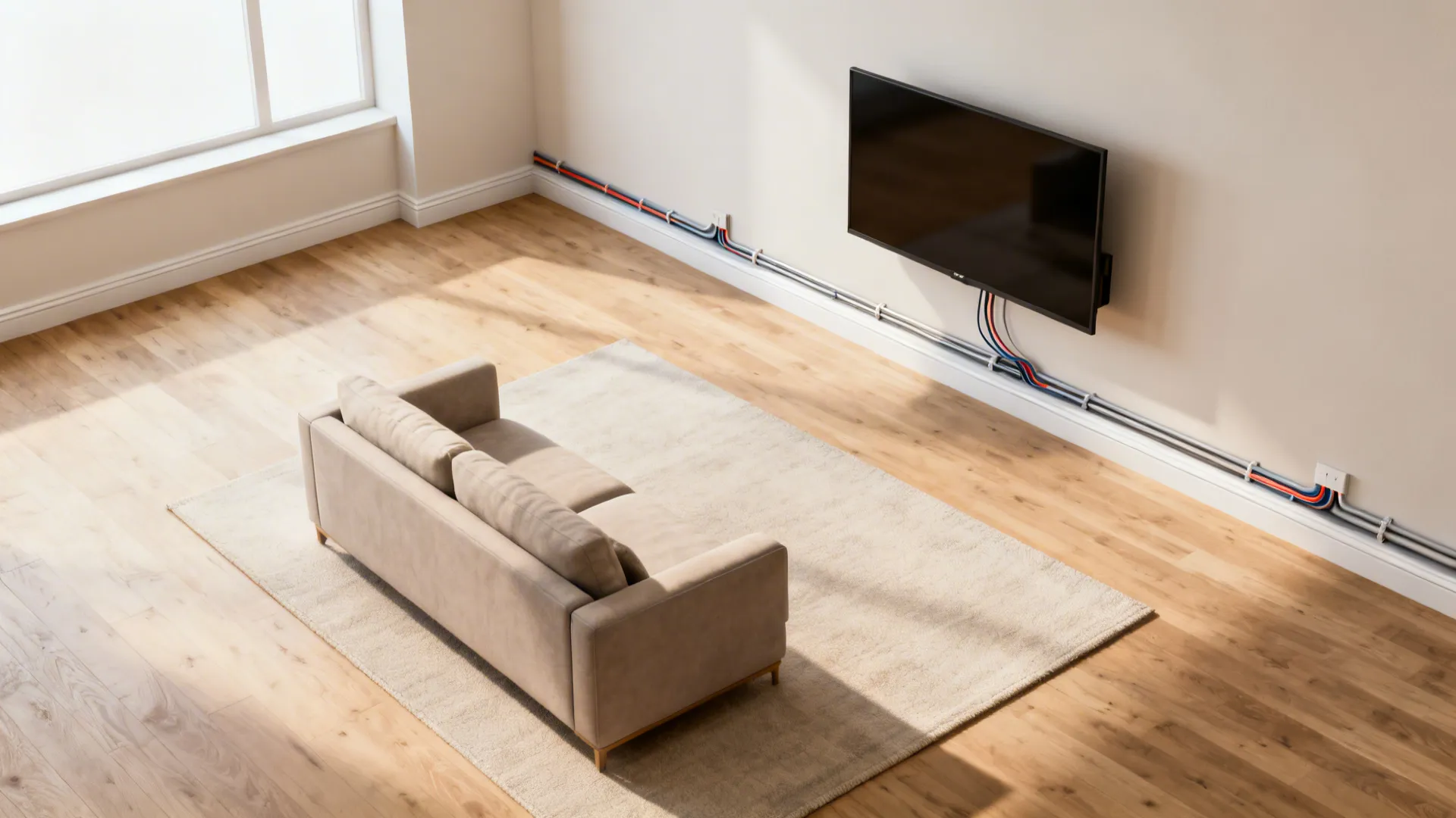 Top-down view showing sofa, floating TV wall, and hidden cable paths in a compact layout.