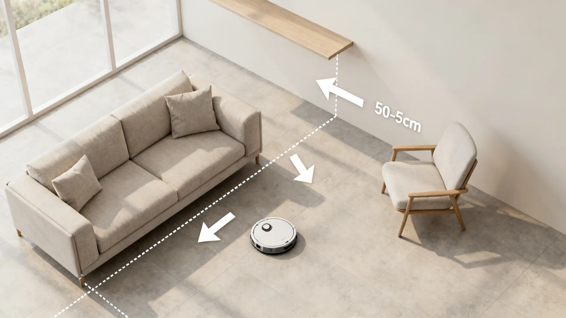 Top-down layout showing seating alignment creating a clear corner for a floating shelf.