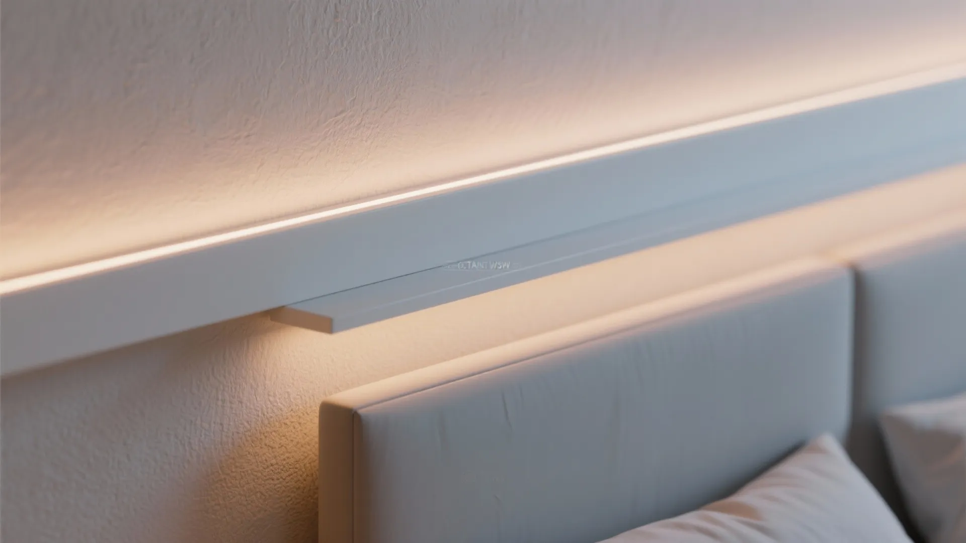 Close up of hidden led light strip on a white wall above a modern headboard