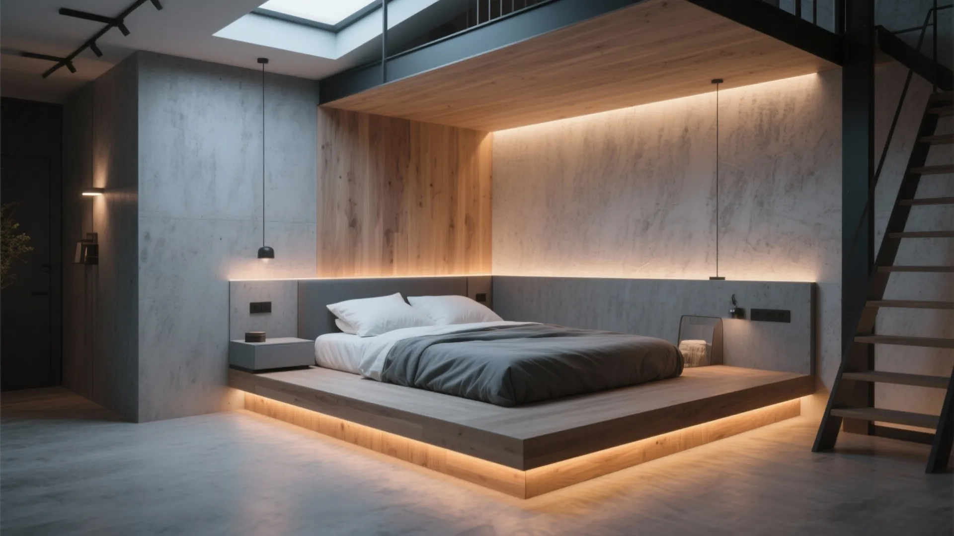 Low wooden platform bed with warm yellow lights underneath in a modern grey wall bedroom