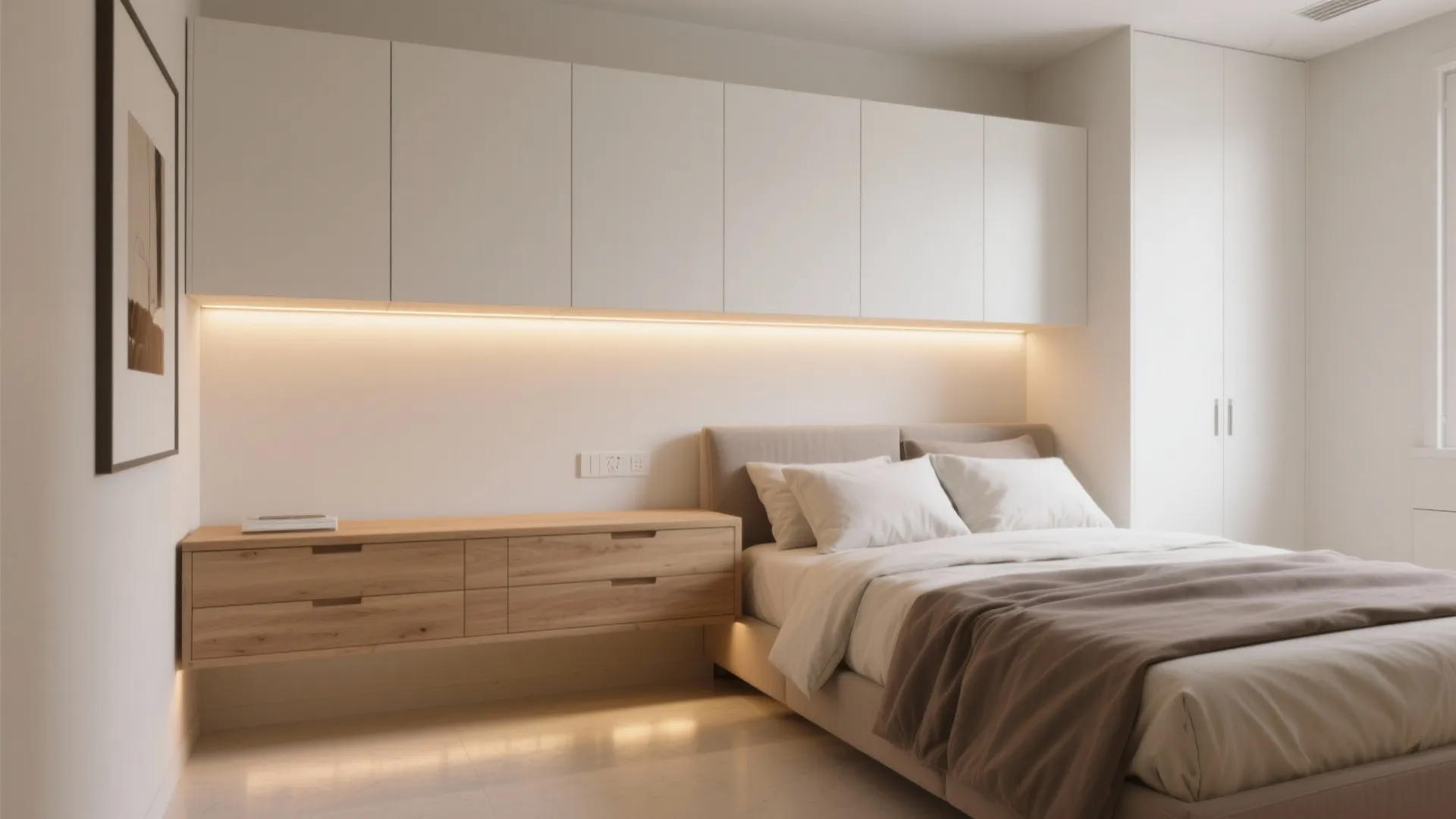 Minimalist bedroom featuring white wall cabinets with warm led light strip and floating wood drawers