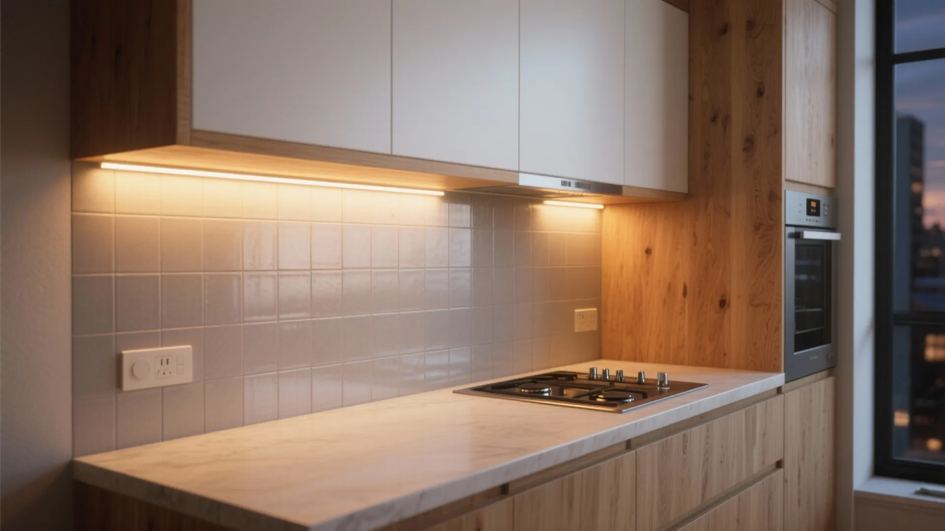 Floating white oak wall cabinets with warm under-cabinet LED lighting.