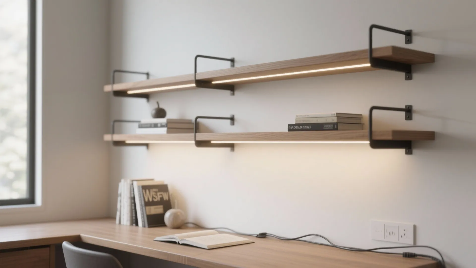 Two wooden wall shelves with black metal brackets and integrated light strips above a desk area