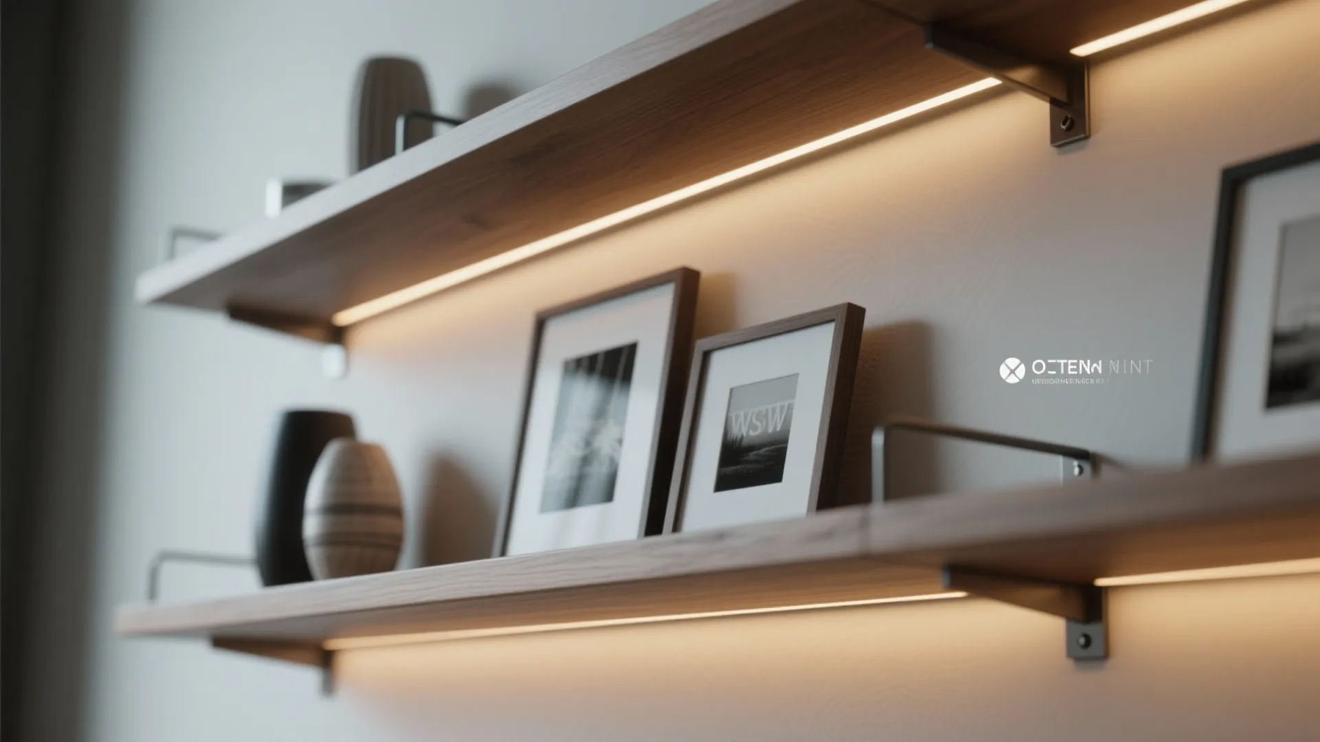 Close-up of floating wooden shelves with warm LED strip lighting and clean hidden brackets