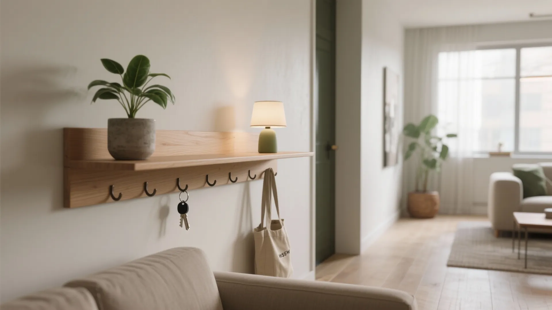 Wooden wall shelf with hooks holding small plant and lamp in a bright modern entryway