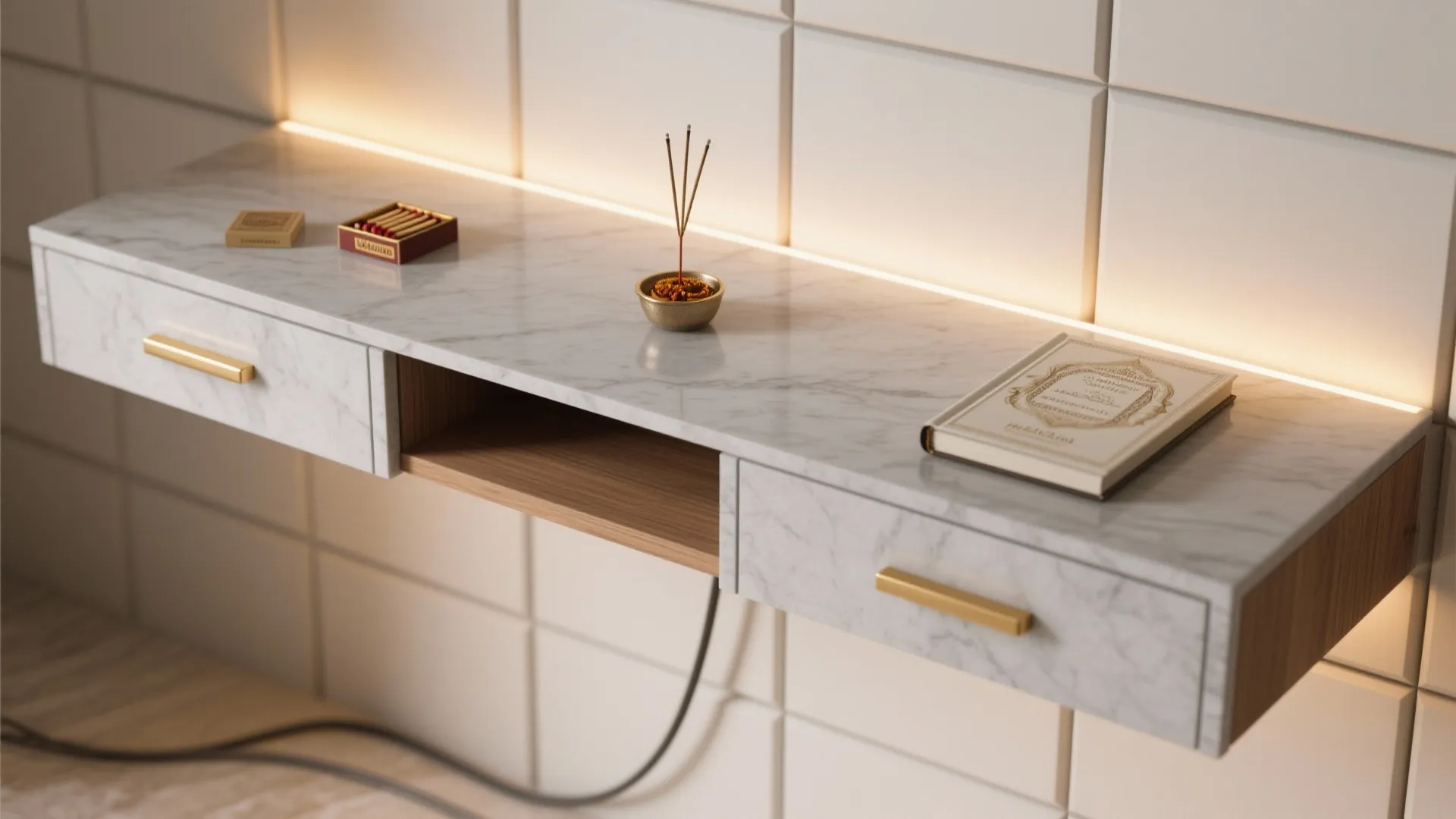 Floating Pooja Ledge with Hidden Drawers