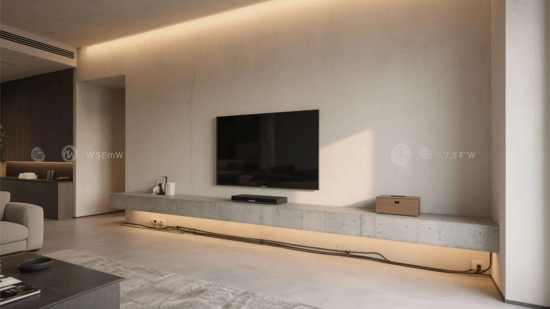 Modern living room with a large television mounted above a long grey concrete floating shelf