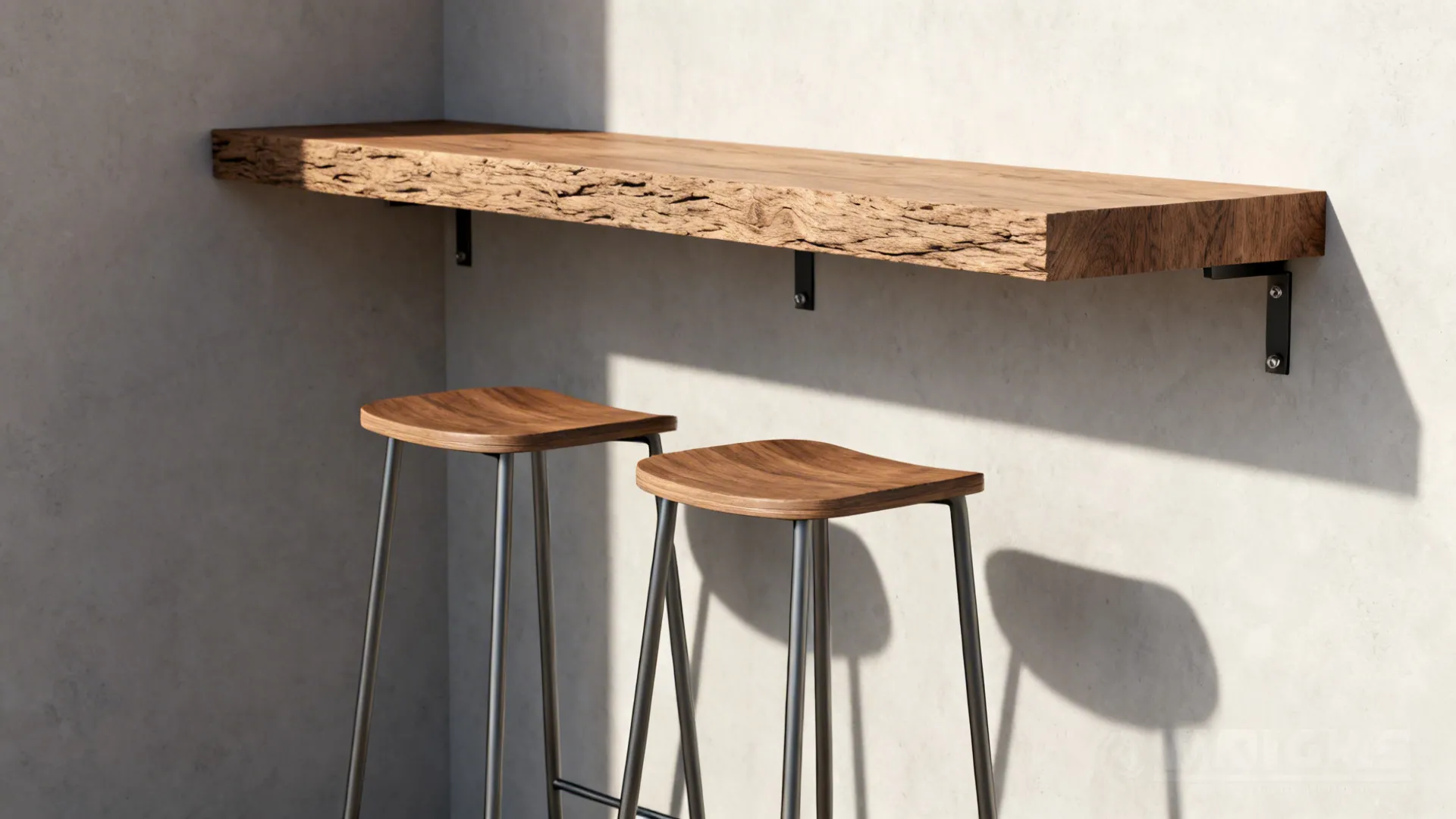 Rustic wooden floating shelf mounted on white wall with two tall bar stools in natural sunlight