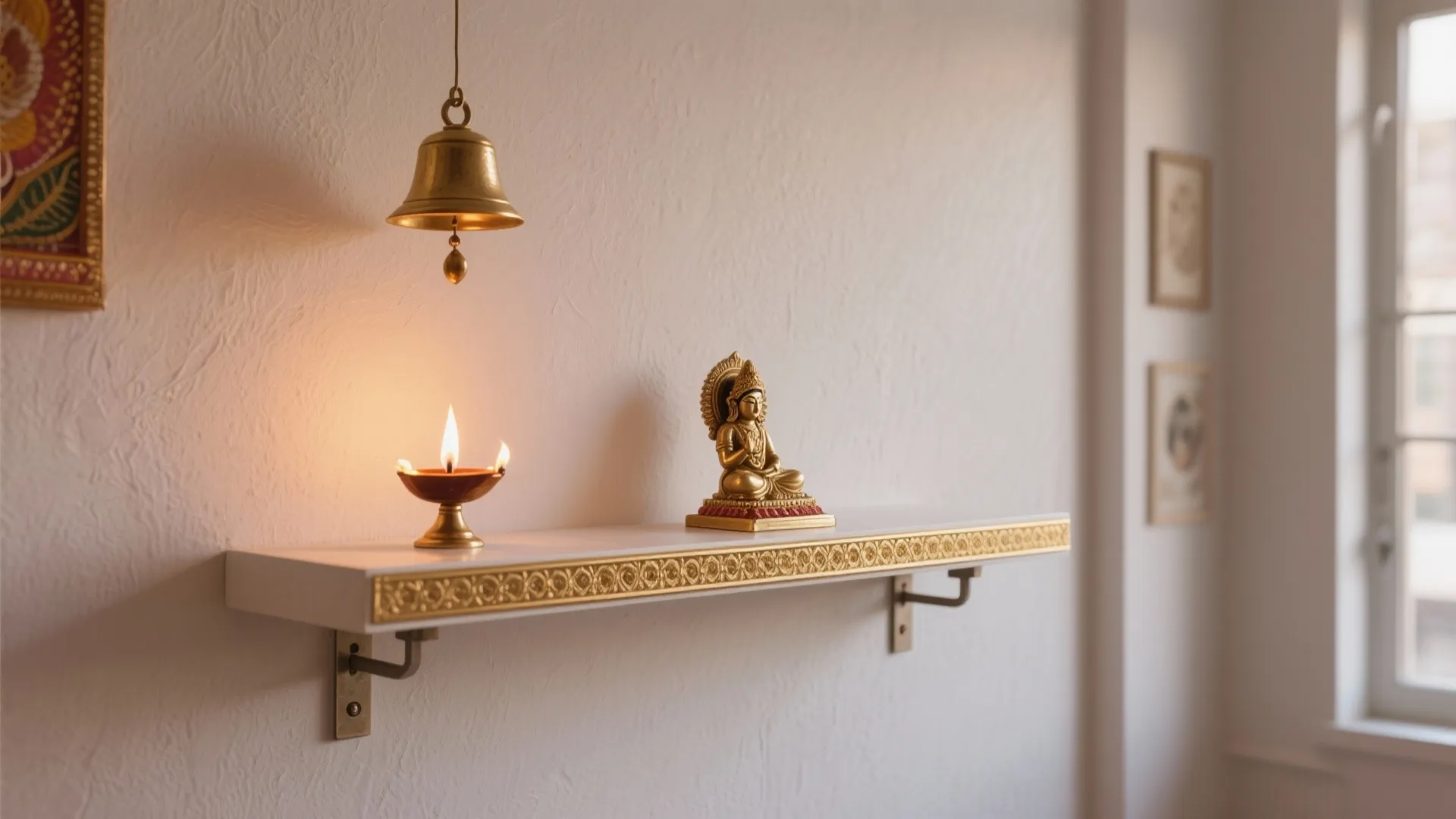 White wall shelf with gold trim holding a small statue, oil lamp, and hanging bell