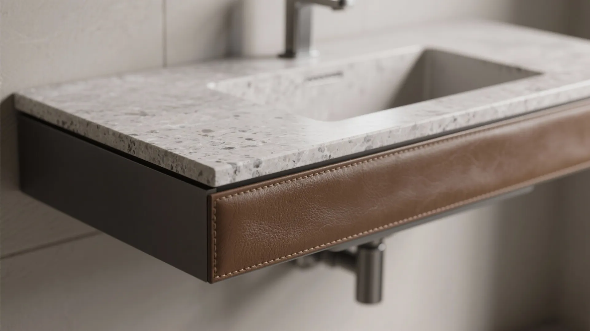 Close-up of a leathered granite floating ledge with concealed supports and an under-mounted basin.