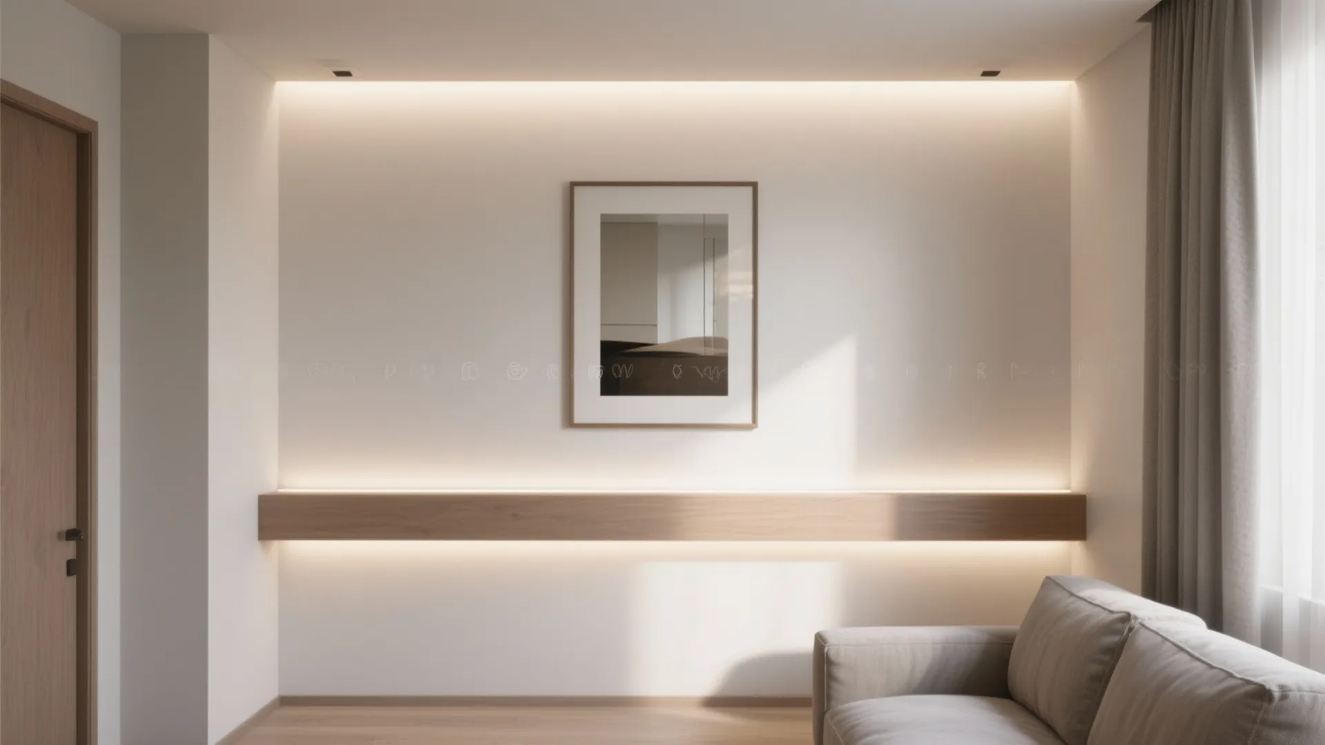 Modern living room wall with a picture frame above a wooden shelf with hidden lights
