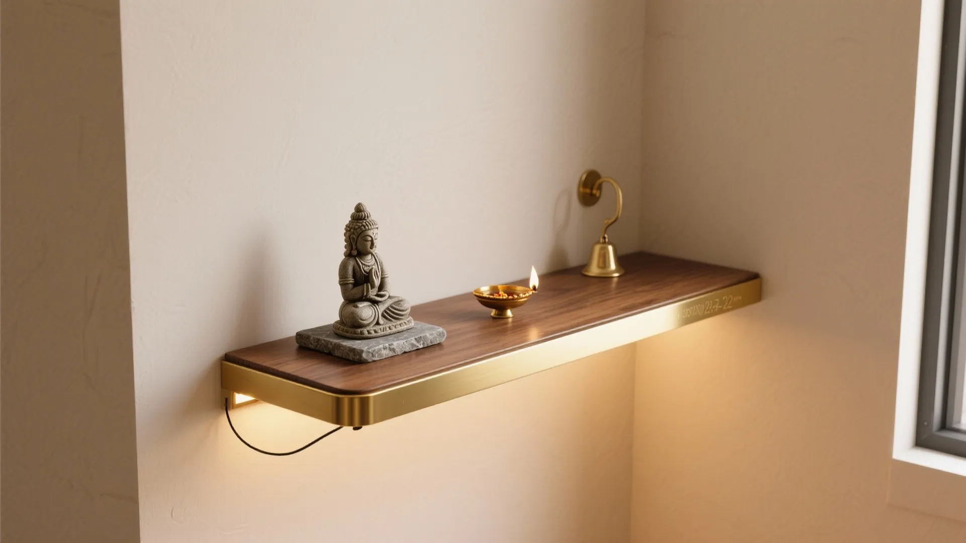 Floating oak pooja ledge with thin brass lip and hidden warm LED lighting on a neutral wall.