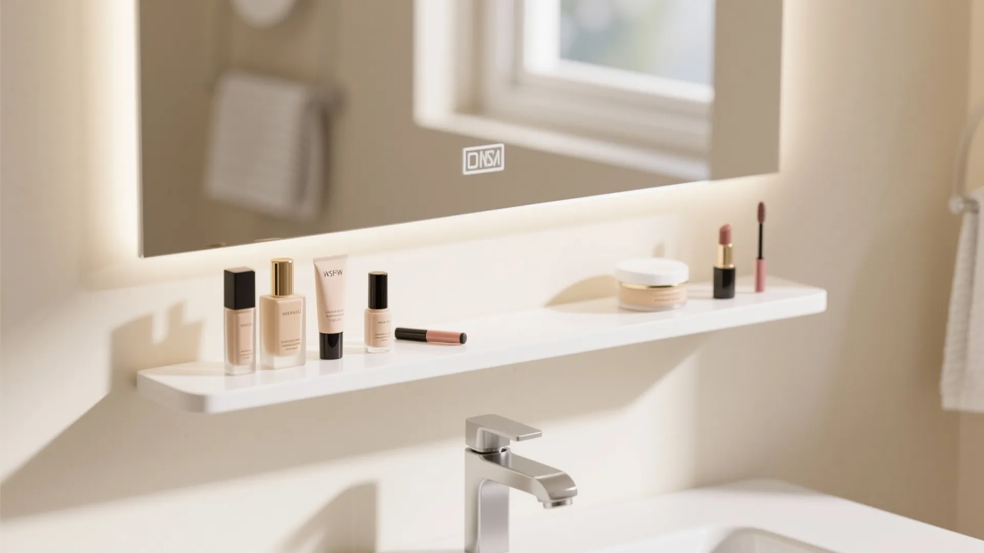 White floating wall shelf below a lighted mirror holding various makeup bottles and beauty products