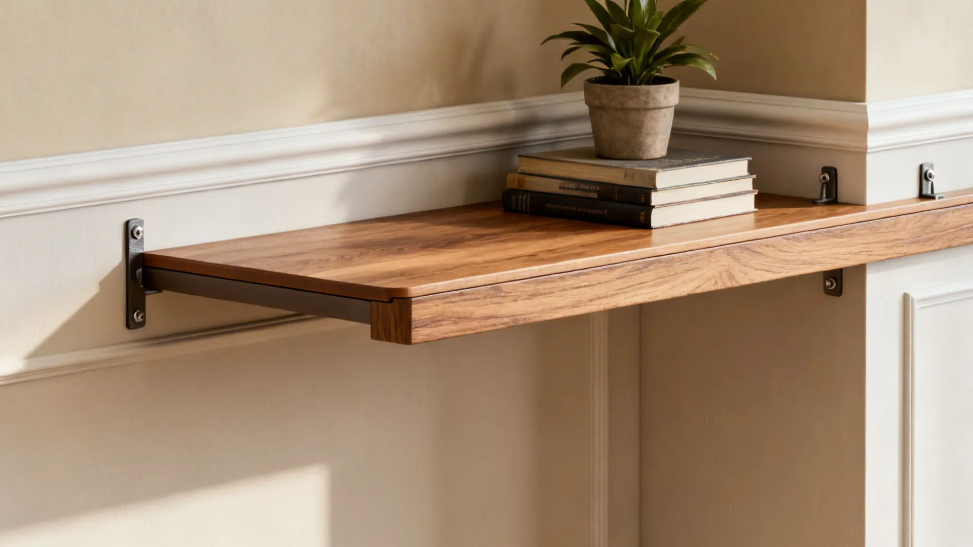 Slim floating ledge with integrated trim styled with books and a plant, showing secure anchoring.