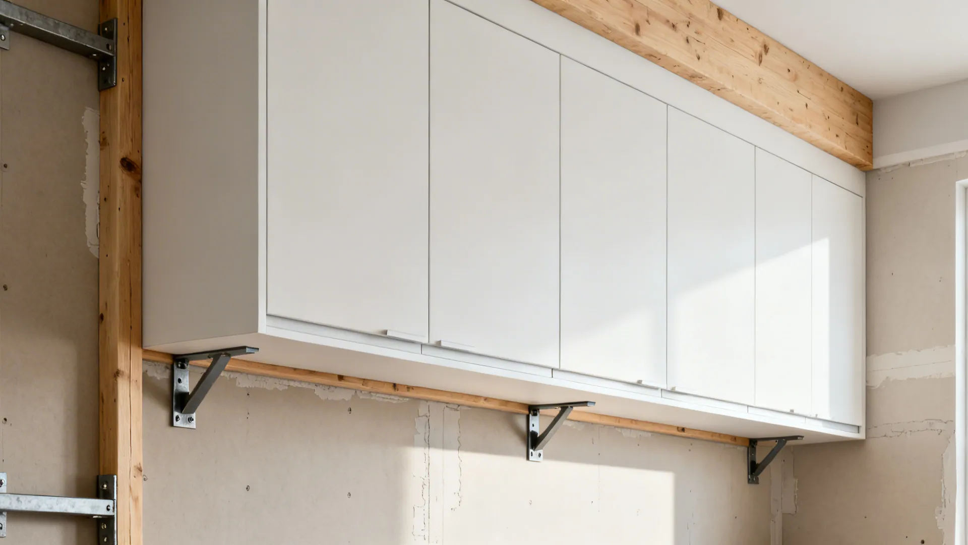 Floating wall cabinets with concealed brackets and hidden timber ledger for even support.