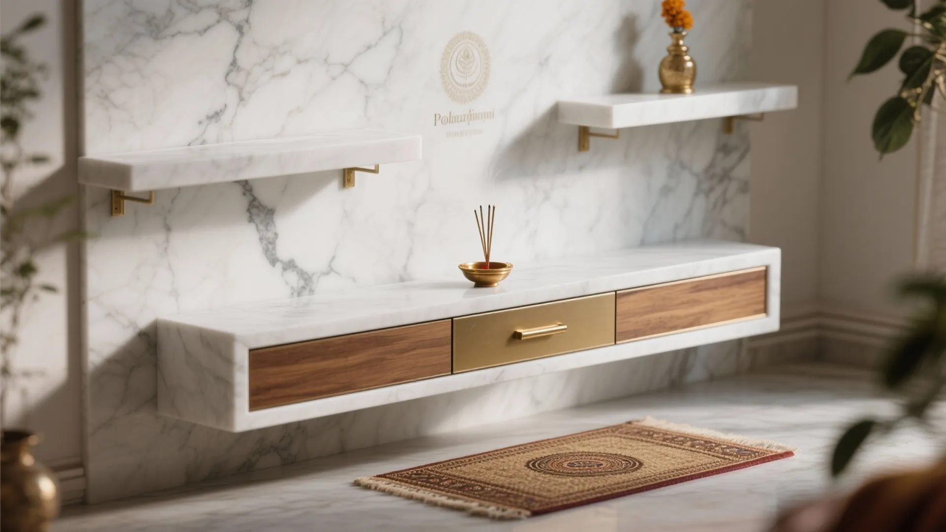 Marble wall with floating white shelves and wooden cabinet featuring gold handle plus small floor rug