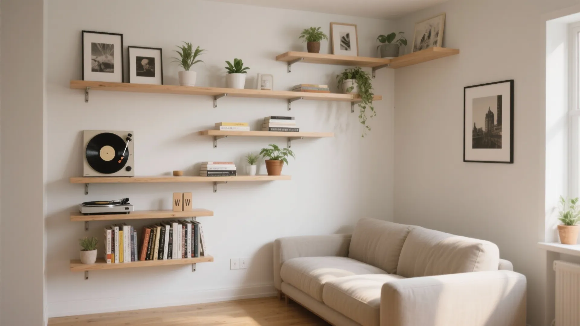 Minimalist living room with wooden floating shelves holding books plants record player and beige sofa