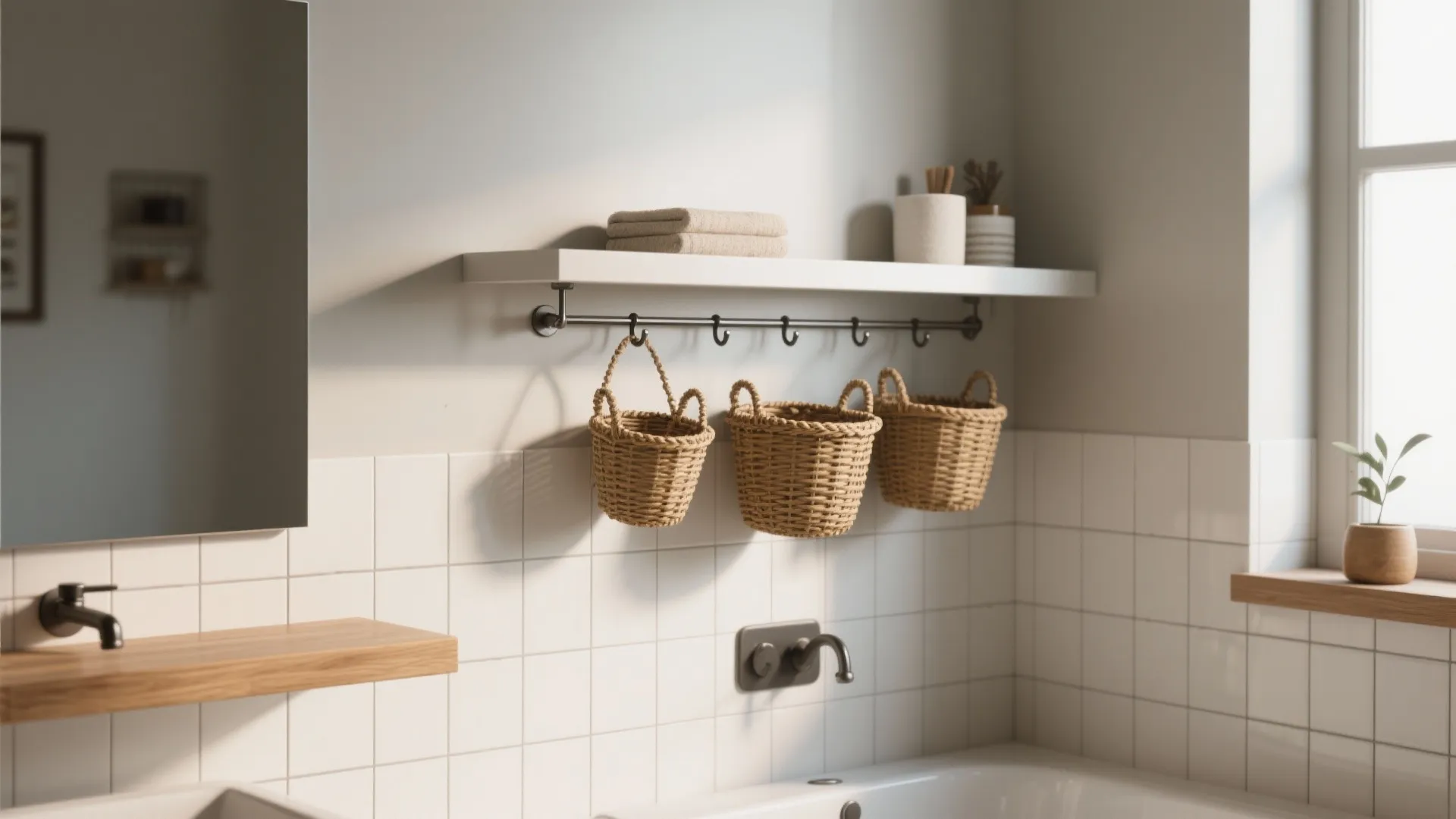White wall shelf with hanging woven baskets and towels in a modern white tiled bathroom