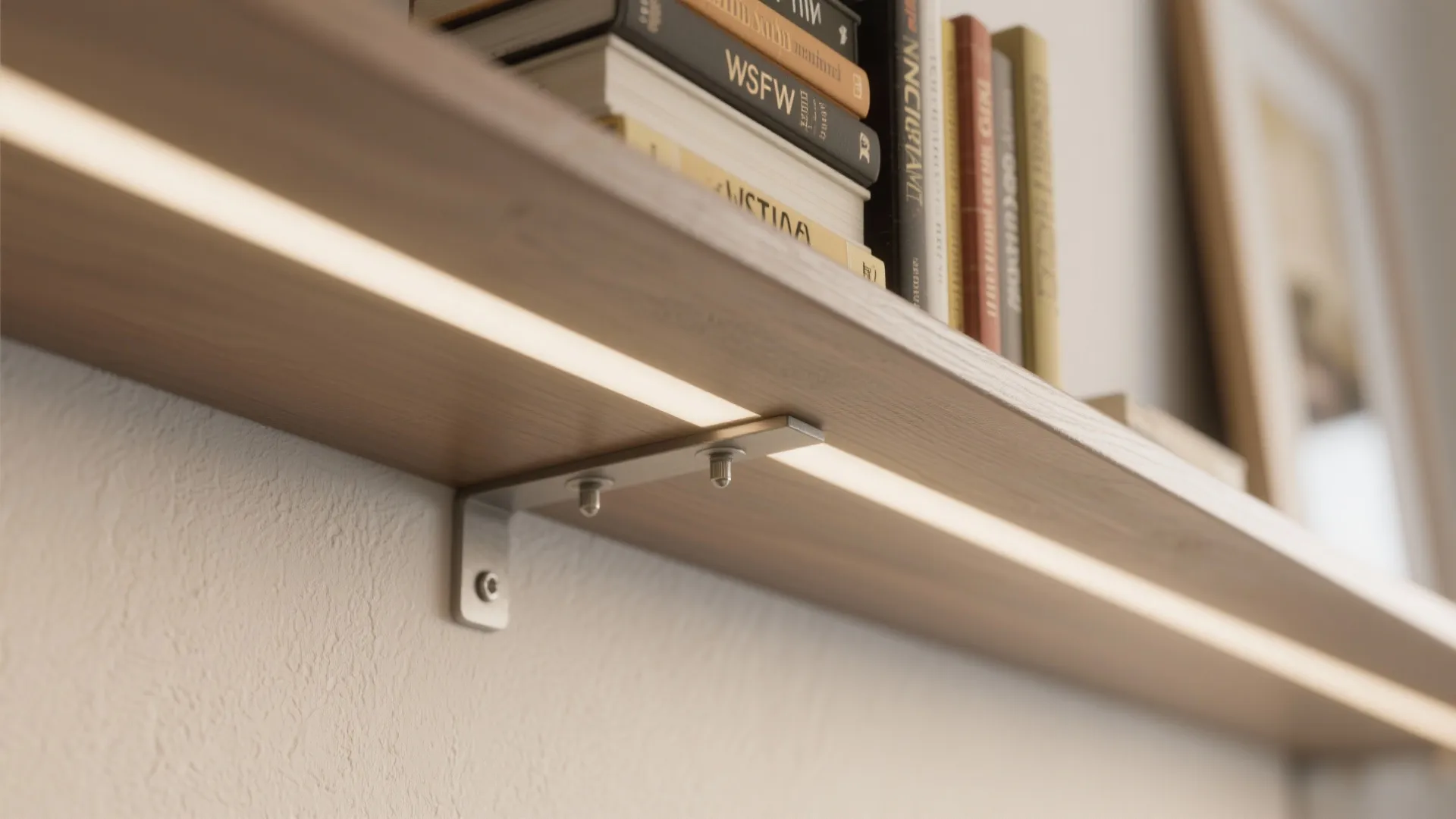 Wooden wall shelf with bright light strip under the board holding several books and books