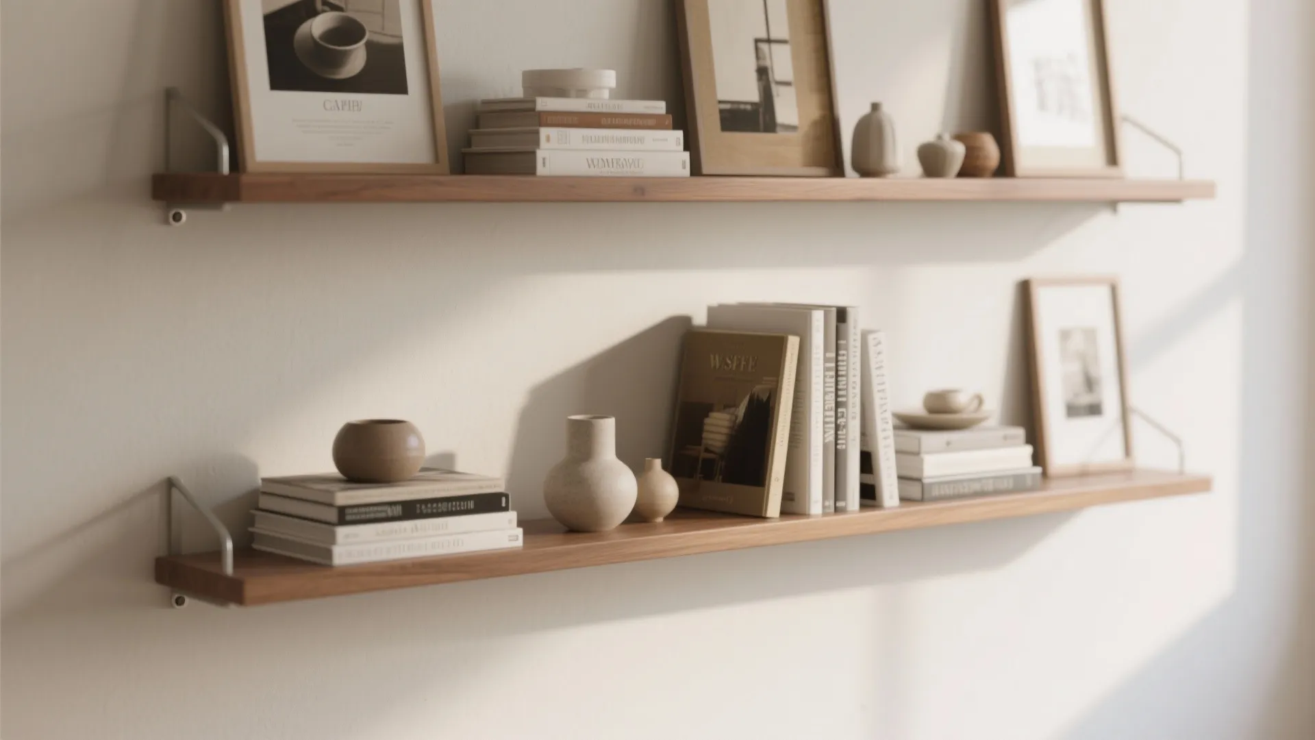 Two wooden wall shelves holding books small vases and framed pictures in a bright modern room