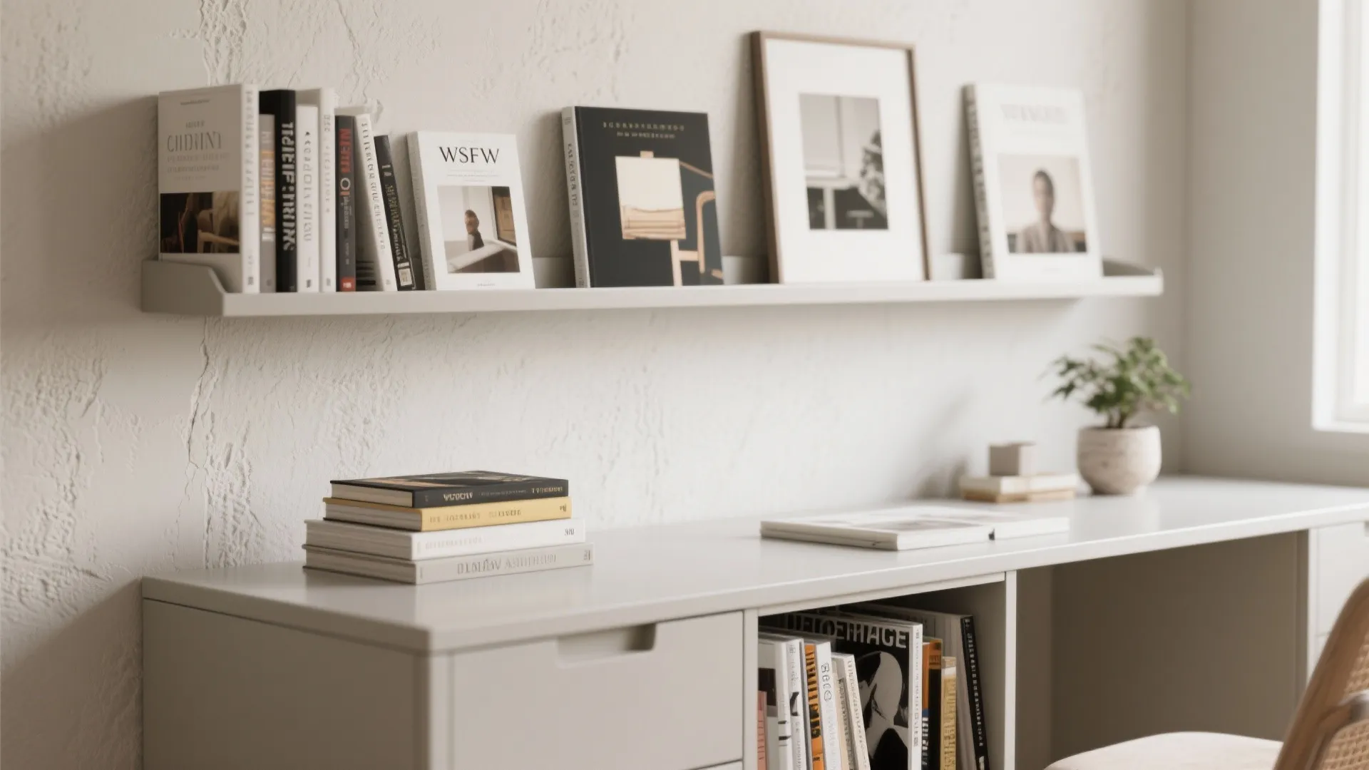 Modern white desk area with floating wall shelf holding books and pictures plus small plant