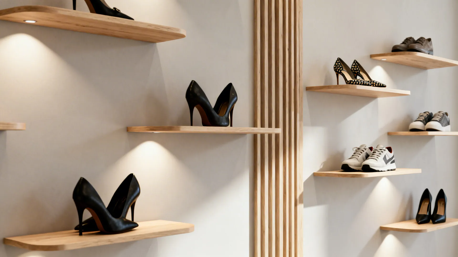 Staggered floating shelves used as sculptural shoe ledges displaying heels and sneakers