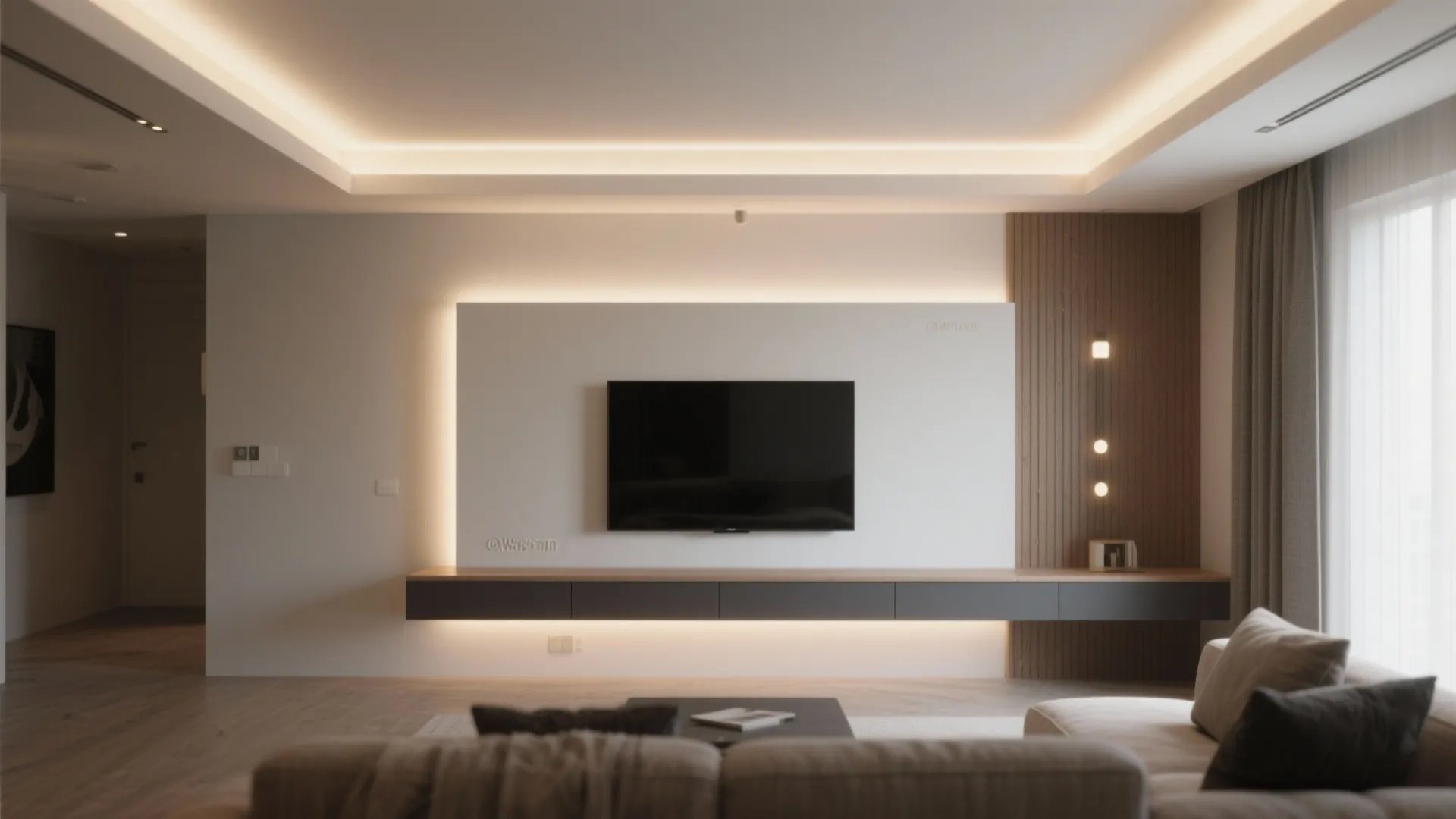 3) Floating light shelf framing the TV wall