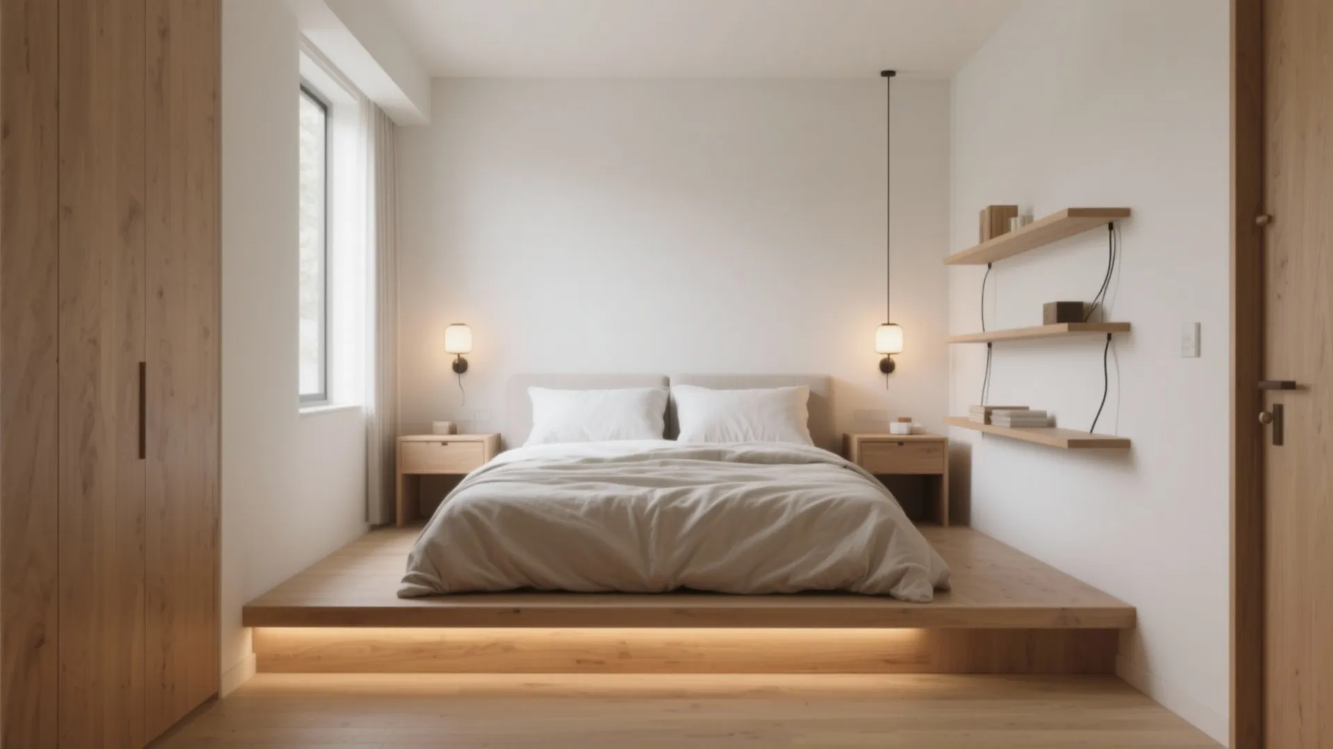 Floating nightstands and wall-mounted lighting