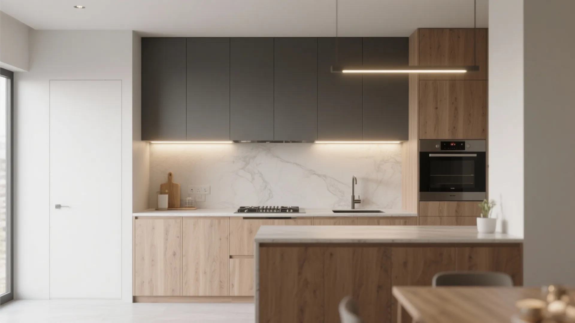 Modern kitchen featuring wood lower cabinets, grey upper cabinets, under-cabinet lighting, marble backsplash, and island