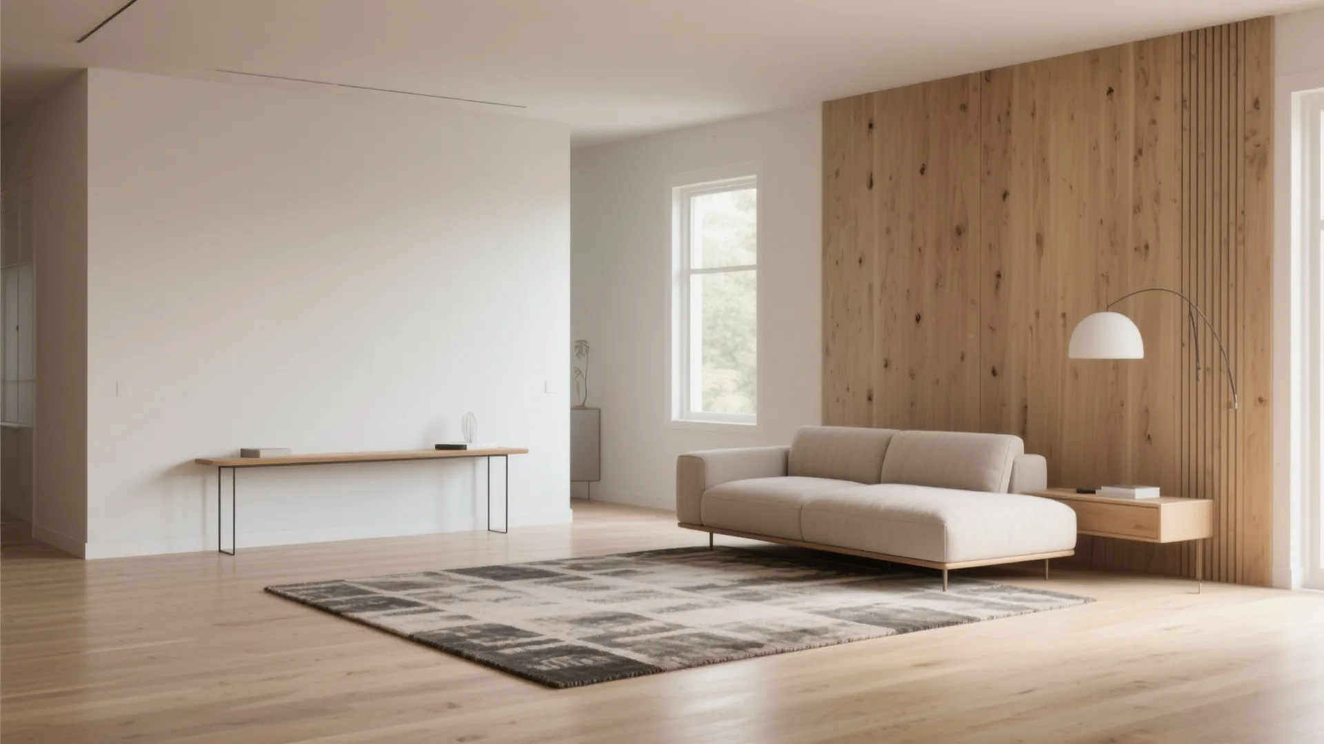 Modern minimalist living room with beige sofa wood wall panels grey rug and white floor lamp