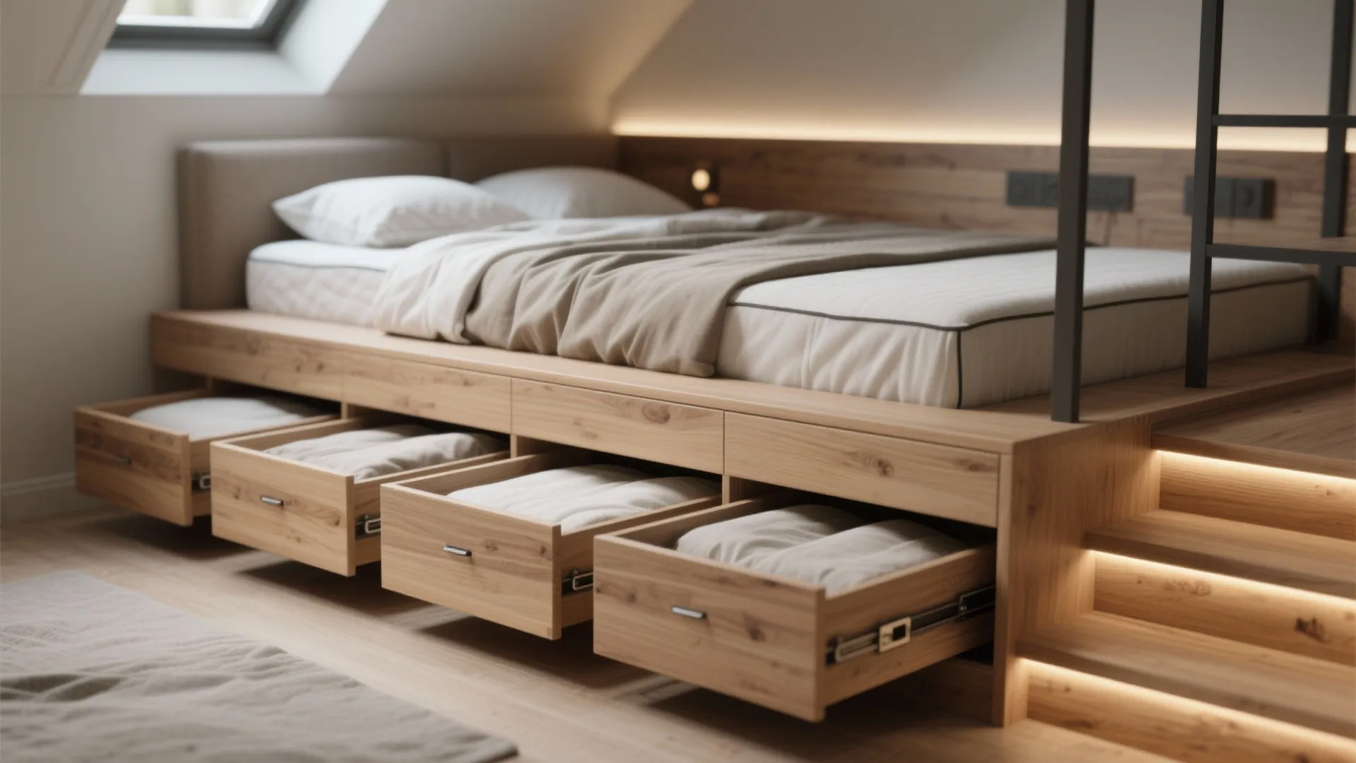 Light wooden platform bed with open storage drawers, white bedding, and integrated warm step lights