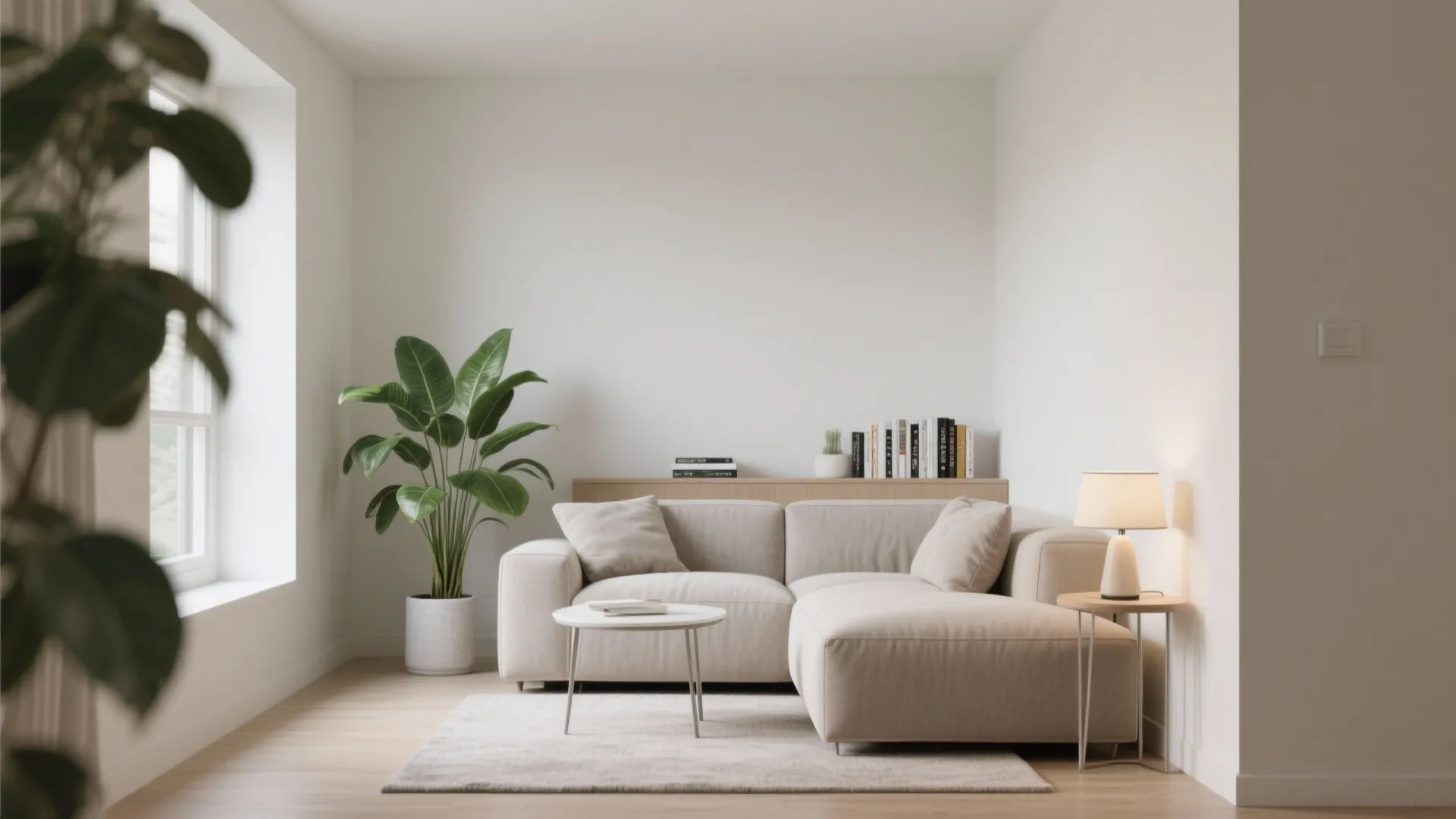 Minimalist living room with a beige sofa, green plant, round coffee table, rug, and window