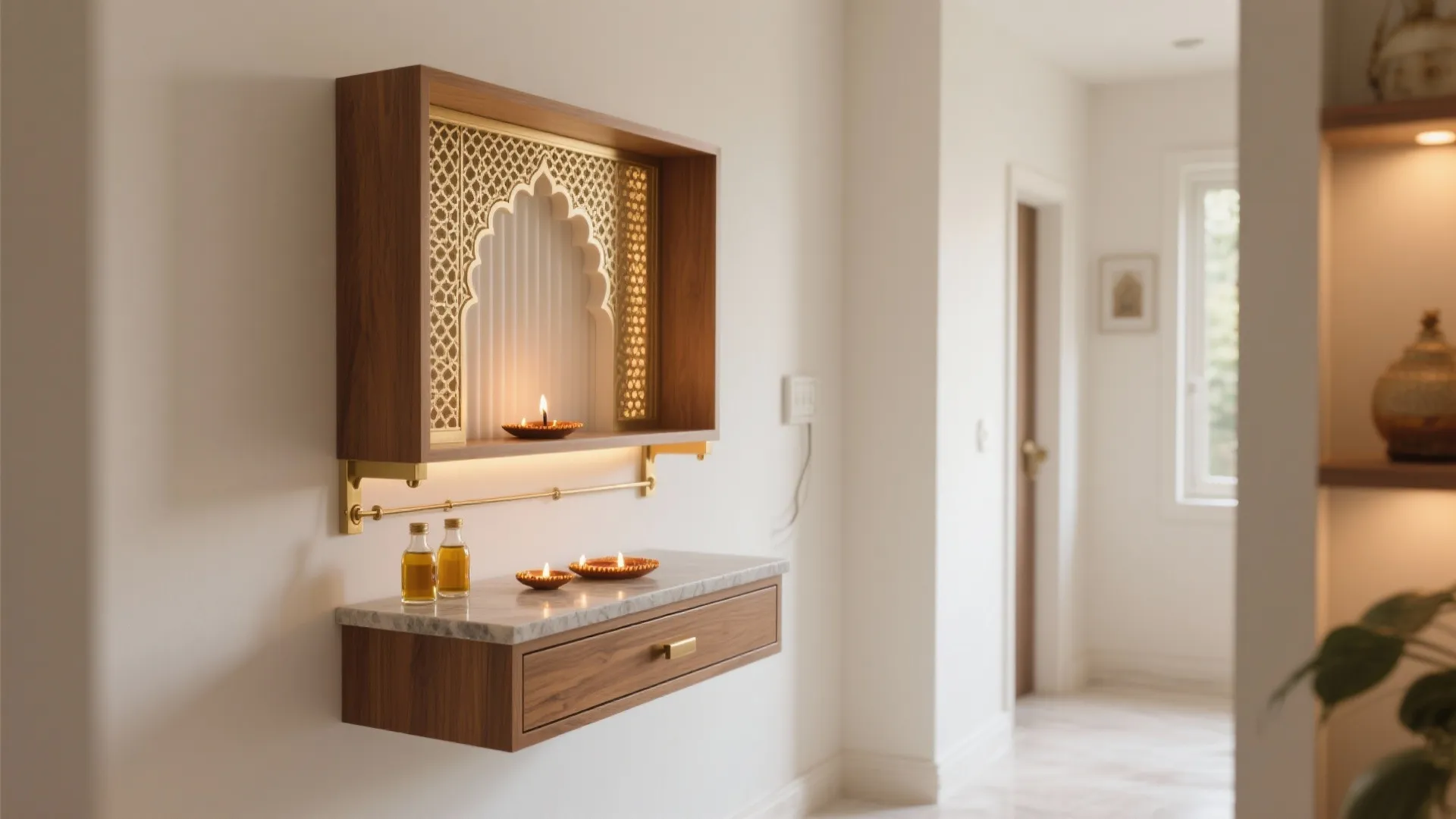Modern wood wall cabinet with decorative gold pattern and small candles in a bright hallway