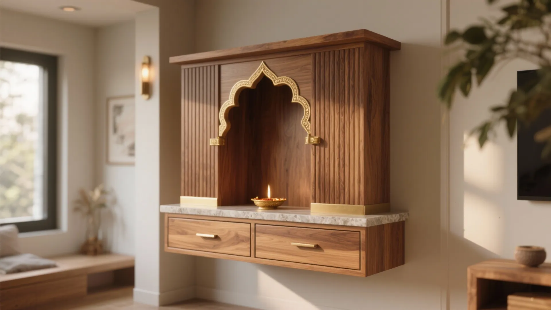 Floating Wall Mandir with Hidden Drawers