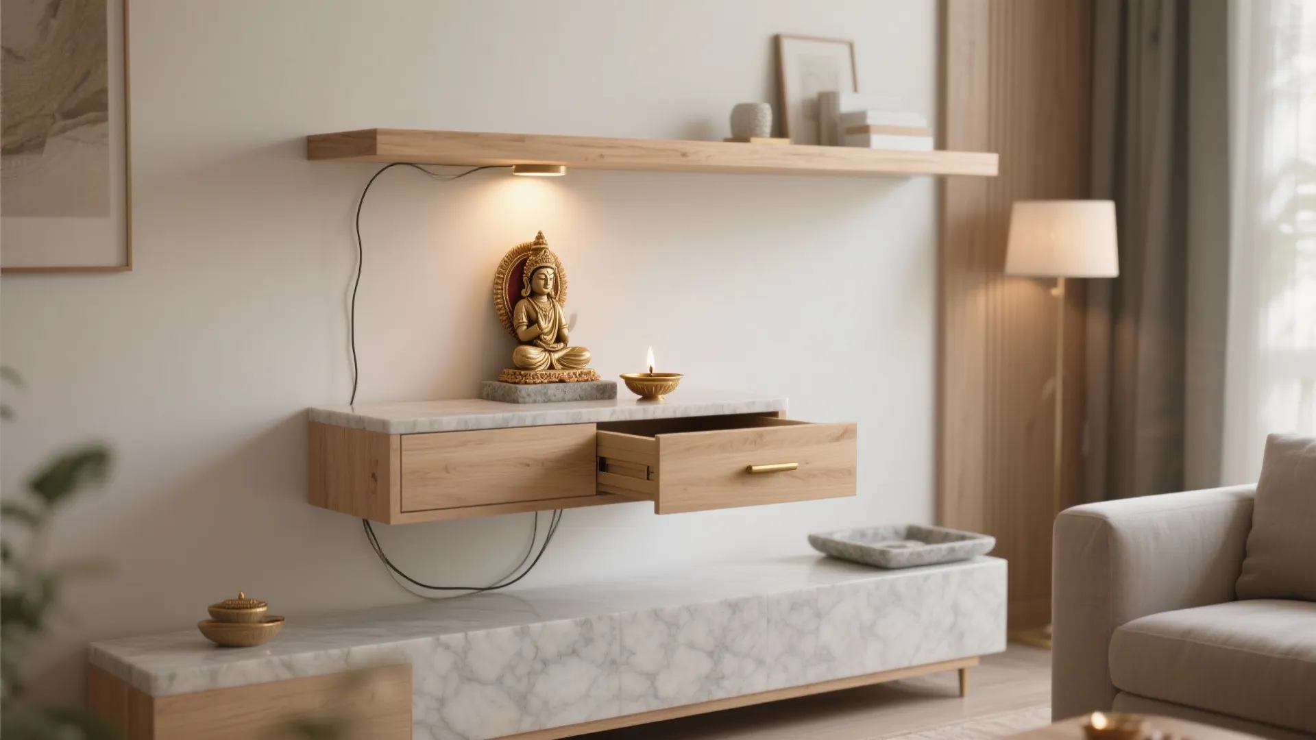 Floating Puja Shelf With Hidden Storage