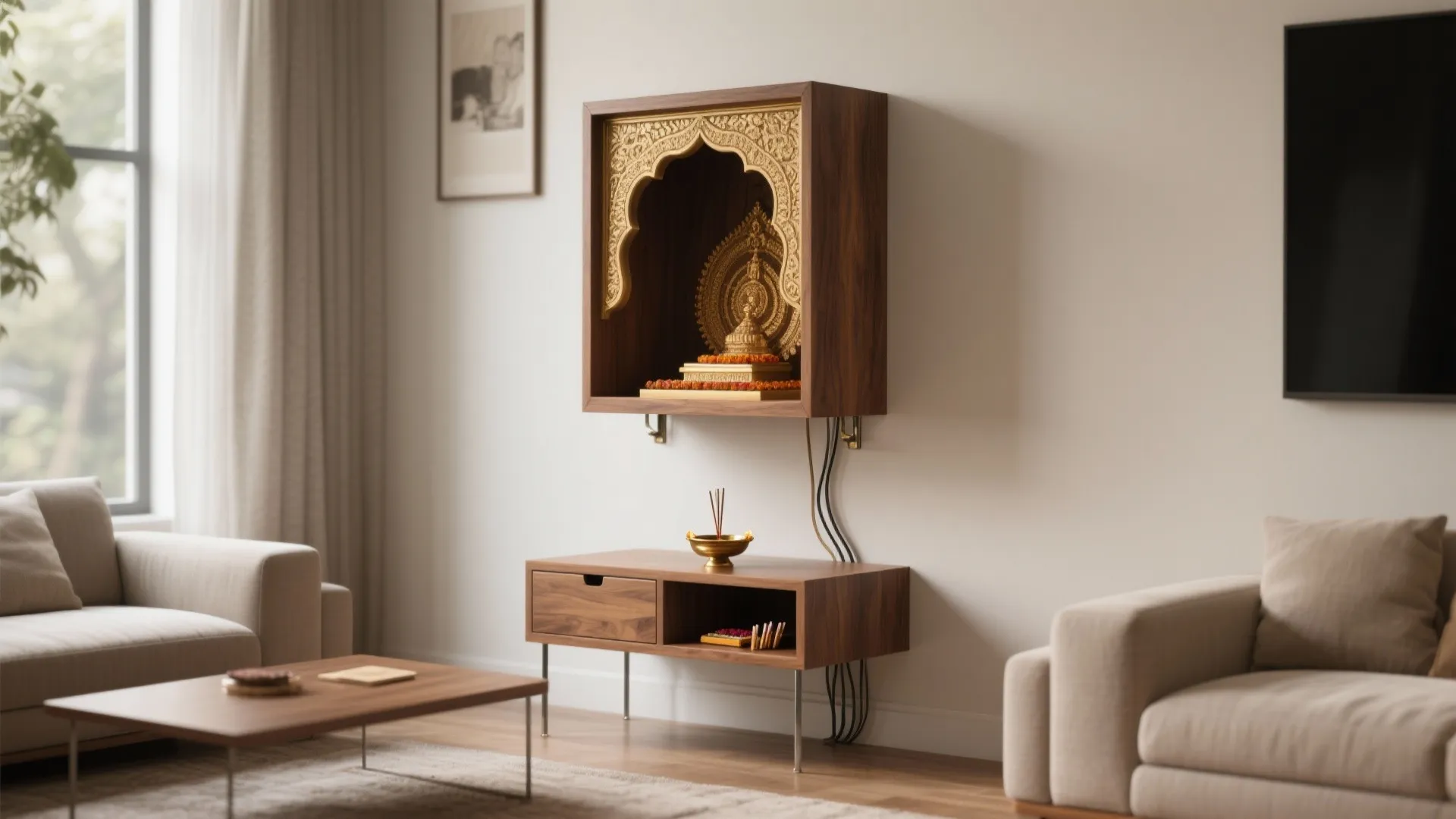 Small wooden wall cabinet for prayer hanging above a storage table in a living room
