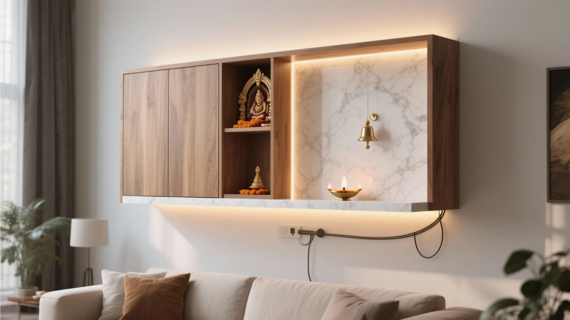 Modern wood cabinet with marble shelf and built-in lights above a living room beige sofa
