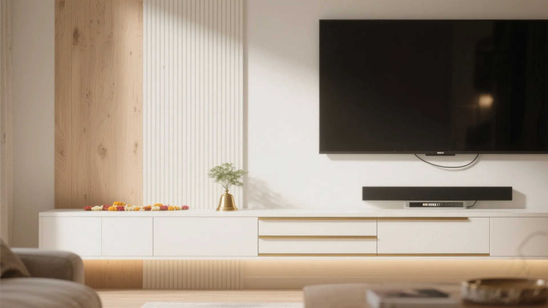 Floating Pooja Unit Integrated with Living Room