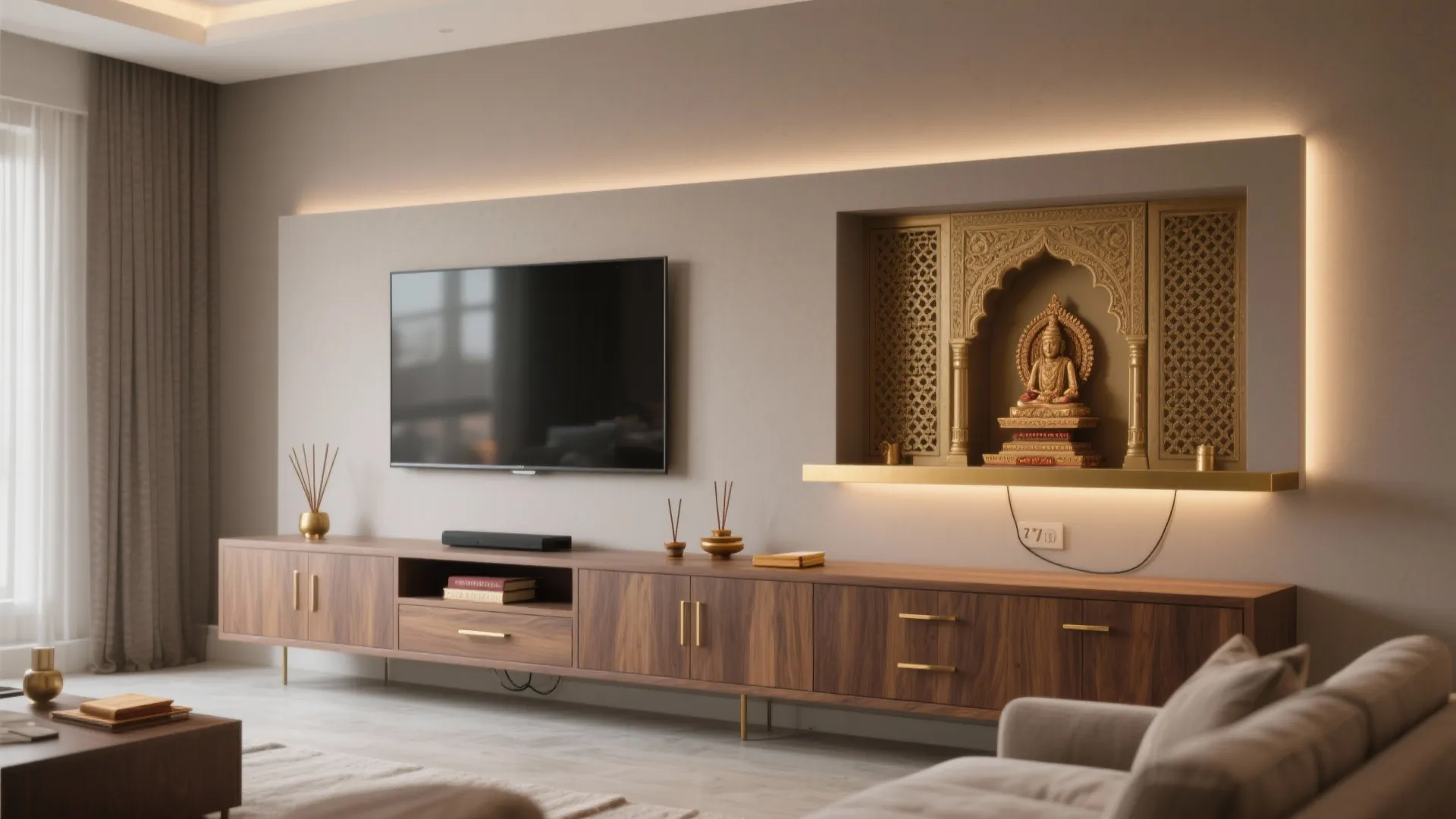 Floating media wall with integrated mandir niche