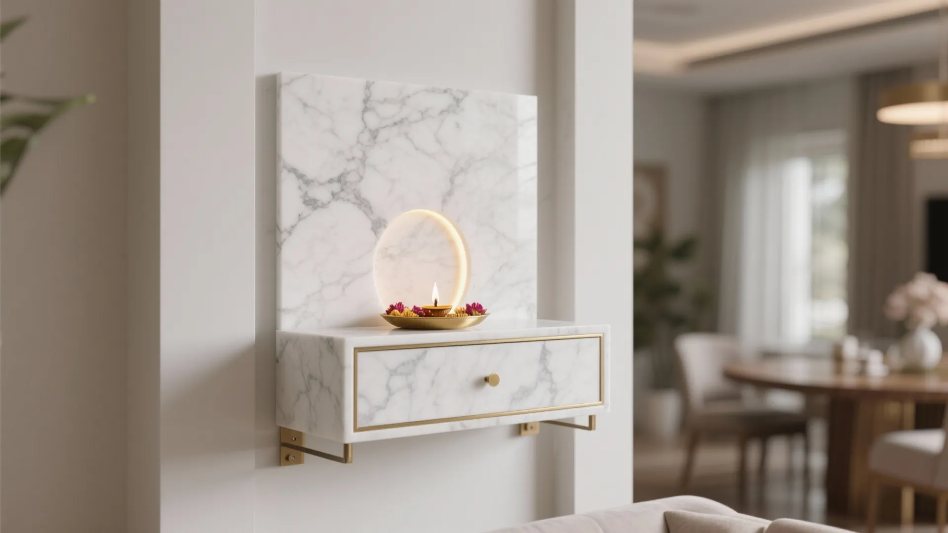 Modern marble wall cabinet with gold trim candle and small circle light in living room