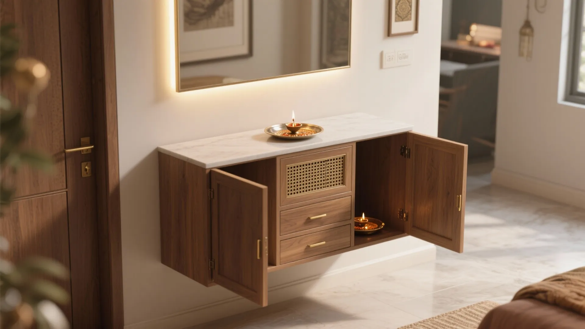 Floating mandir with folding doors and smart ventilation