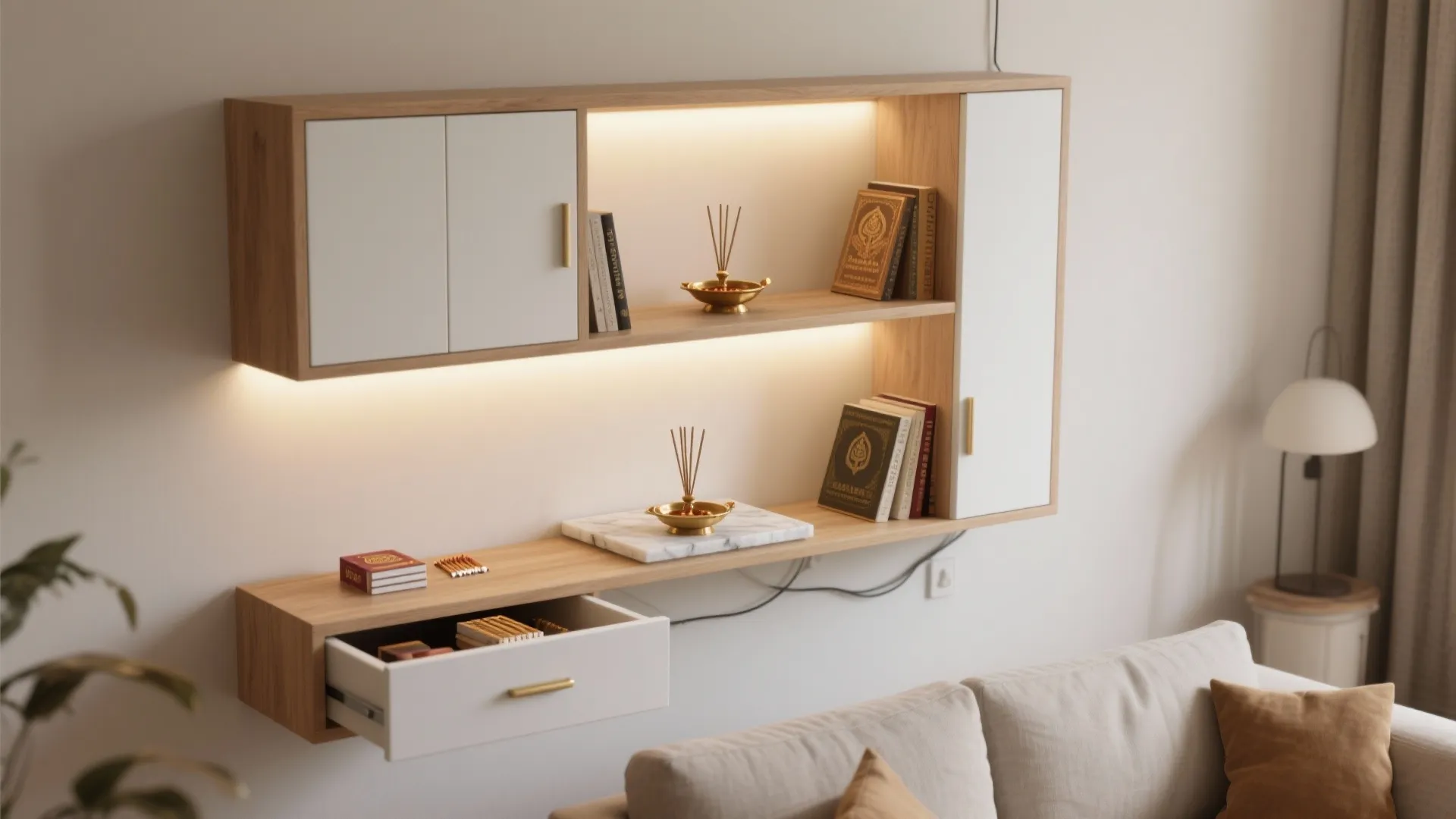 Minimal wall-mounted mandir with concealed storage