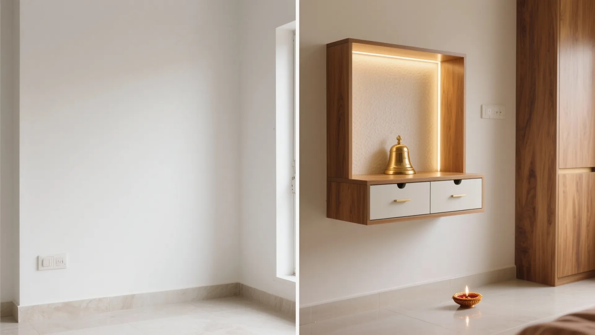 Wall-mounted pooja unit with hidden storage