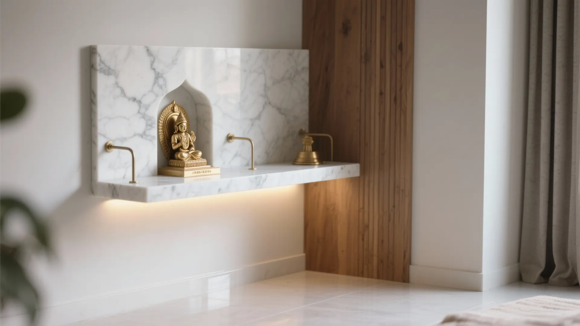 Floating marble shelf mandir for micro spaces