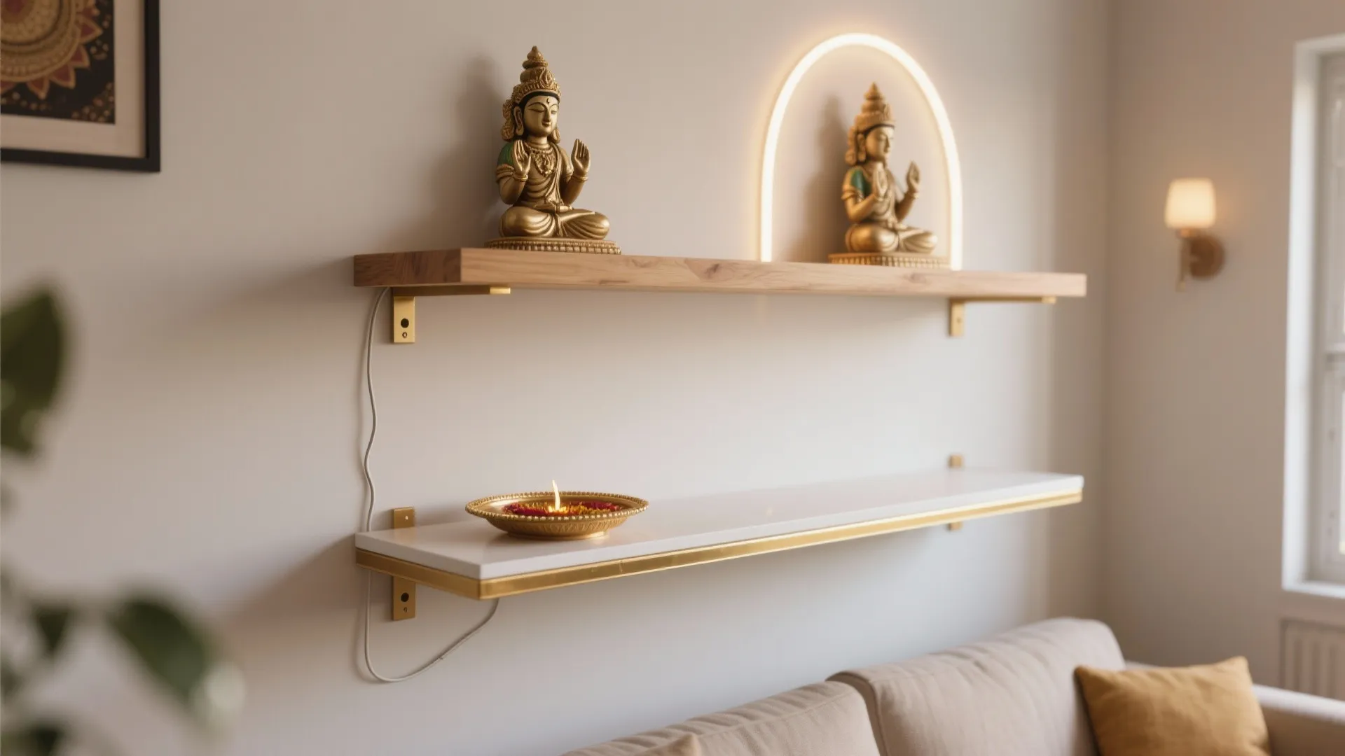 4) Floating Shelf Mandir with Hidden Wire Chase