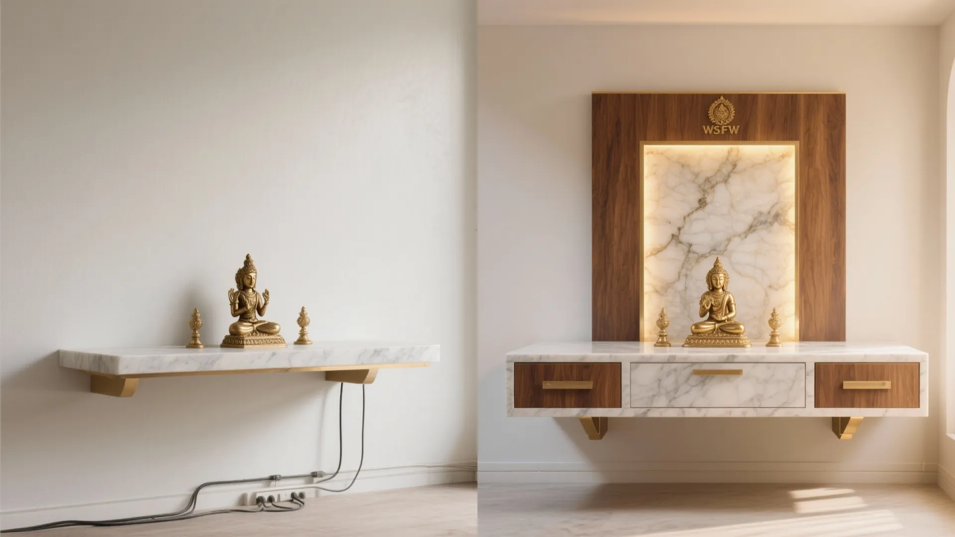 Floating Wall-Mounted Mandir with Backlit Stone