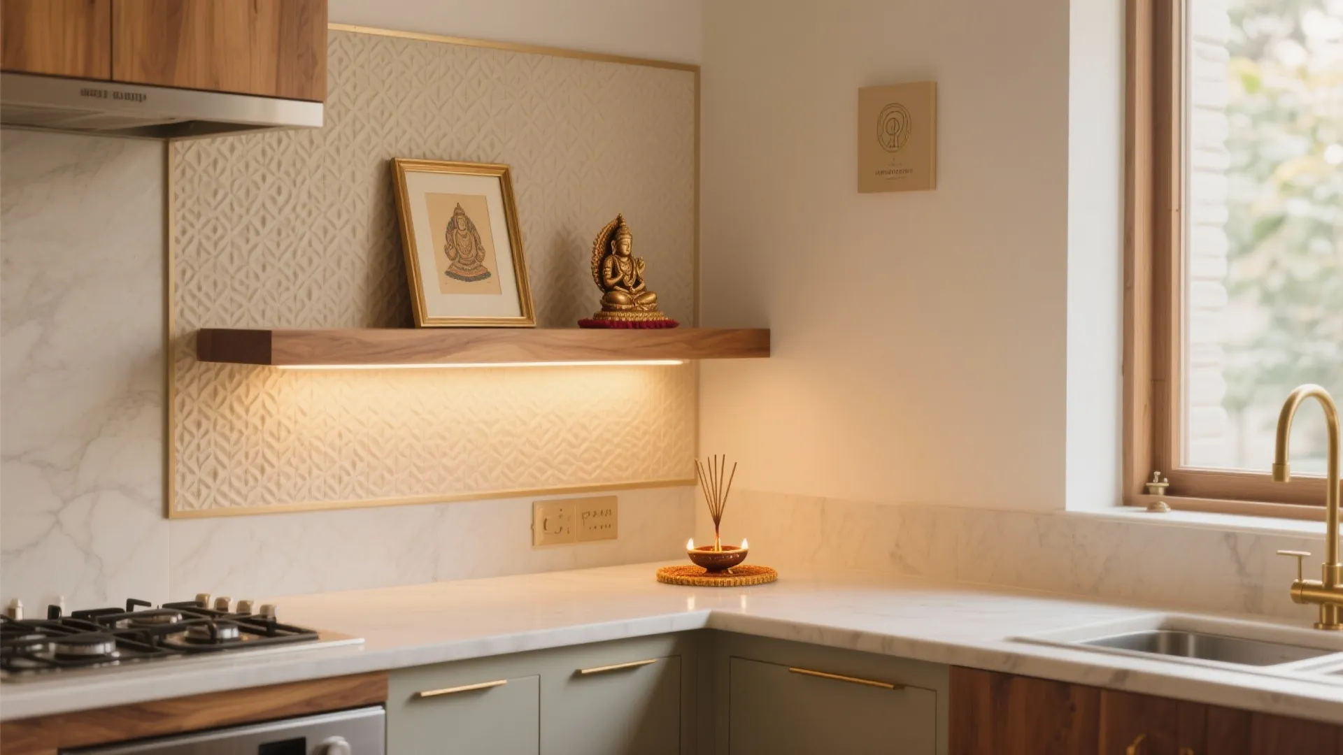 Modern kitchen corner with marble counter and wooden wall shelf holding small gold decorative statue