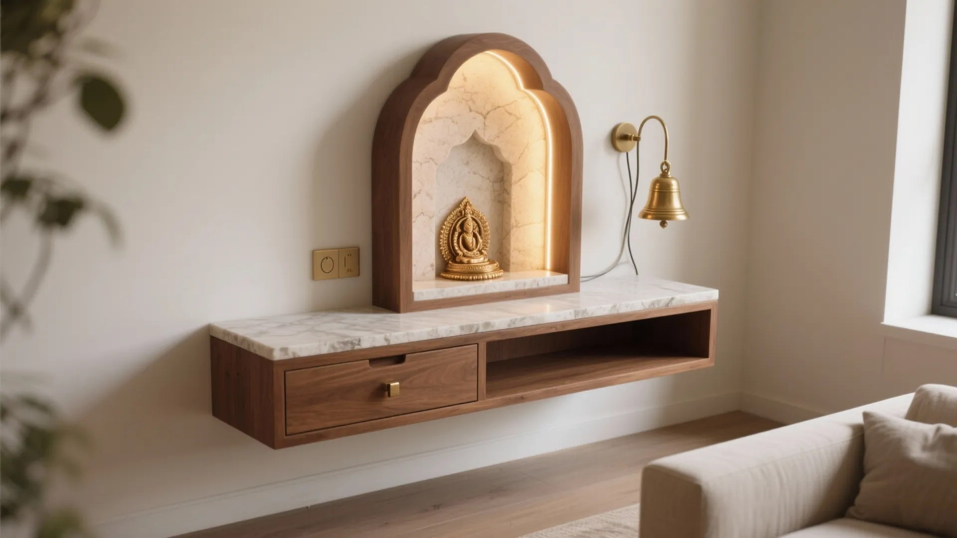 Minimal Floating Mandir with Concealed Storage